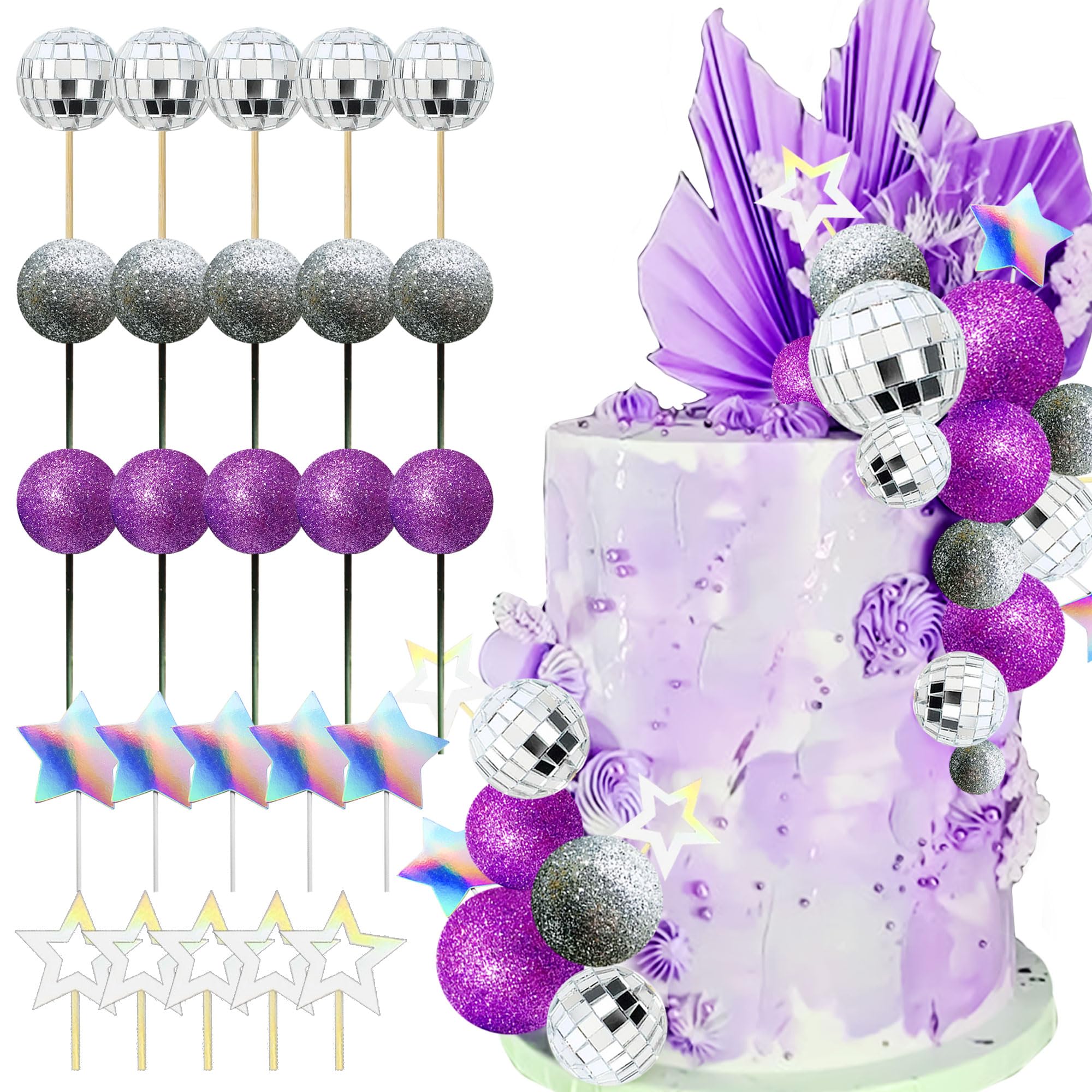 JeVenis Purple Disco Ball Cake Topper - 80s Themed Dancing Queen Birthday Party Decorations - Silver Glitter Cake Balls for Wedding, Bachelorette & Retro Celebrations
