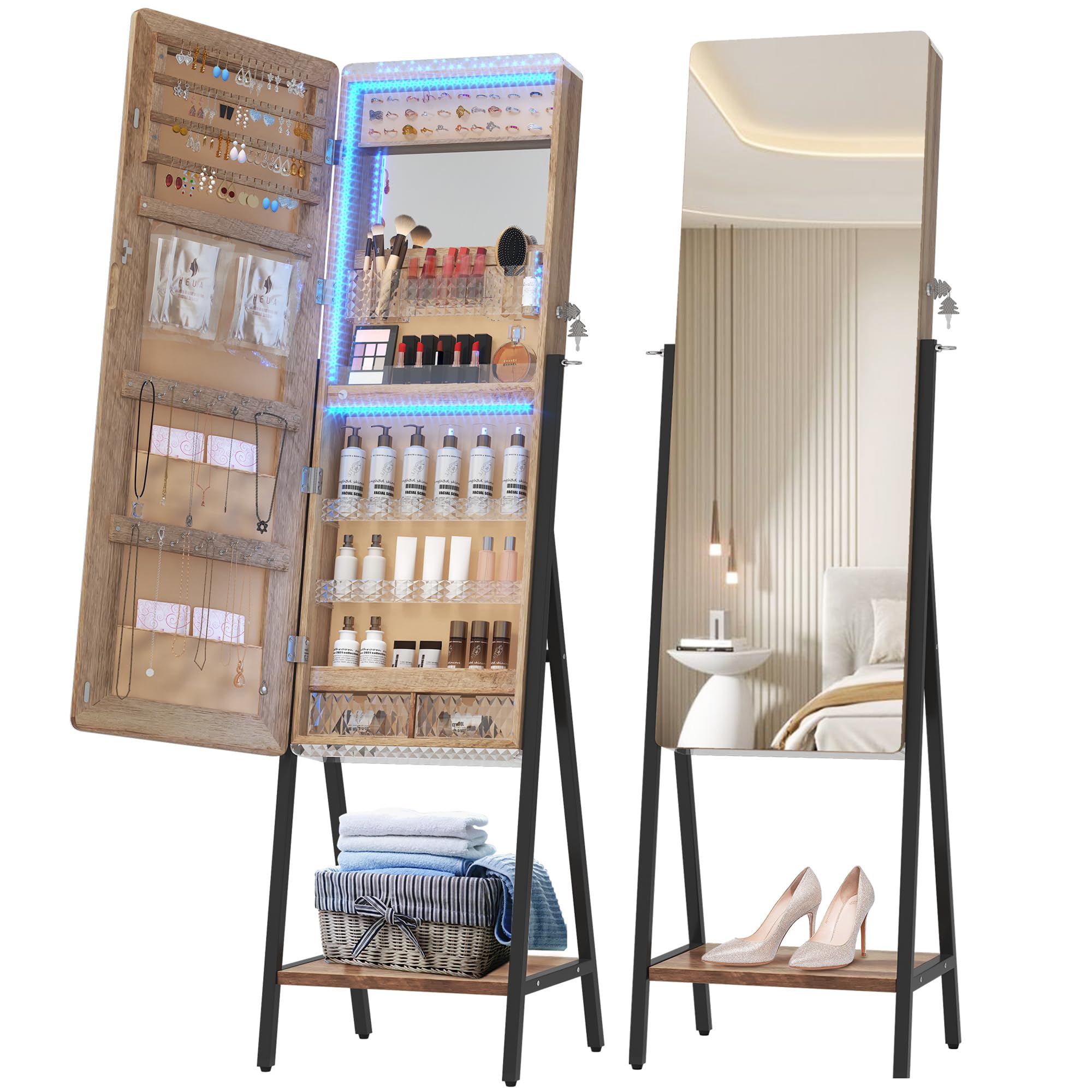 LVSOMT LED Standing Jewelry Mirror Cabinet with Storage - Full Length Floor Mirror with 2 Drawers, Lockable Jewelry Armoire Organizer, Bottom Shelf & Built-in Lighted Makeup Mirror (Brown) - Perfect for Bedroom, Dressing Room & Vanity Area Organization