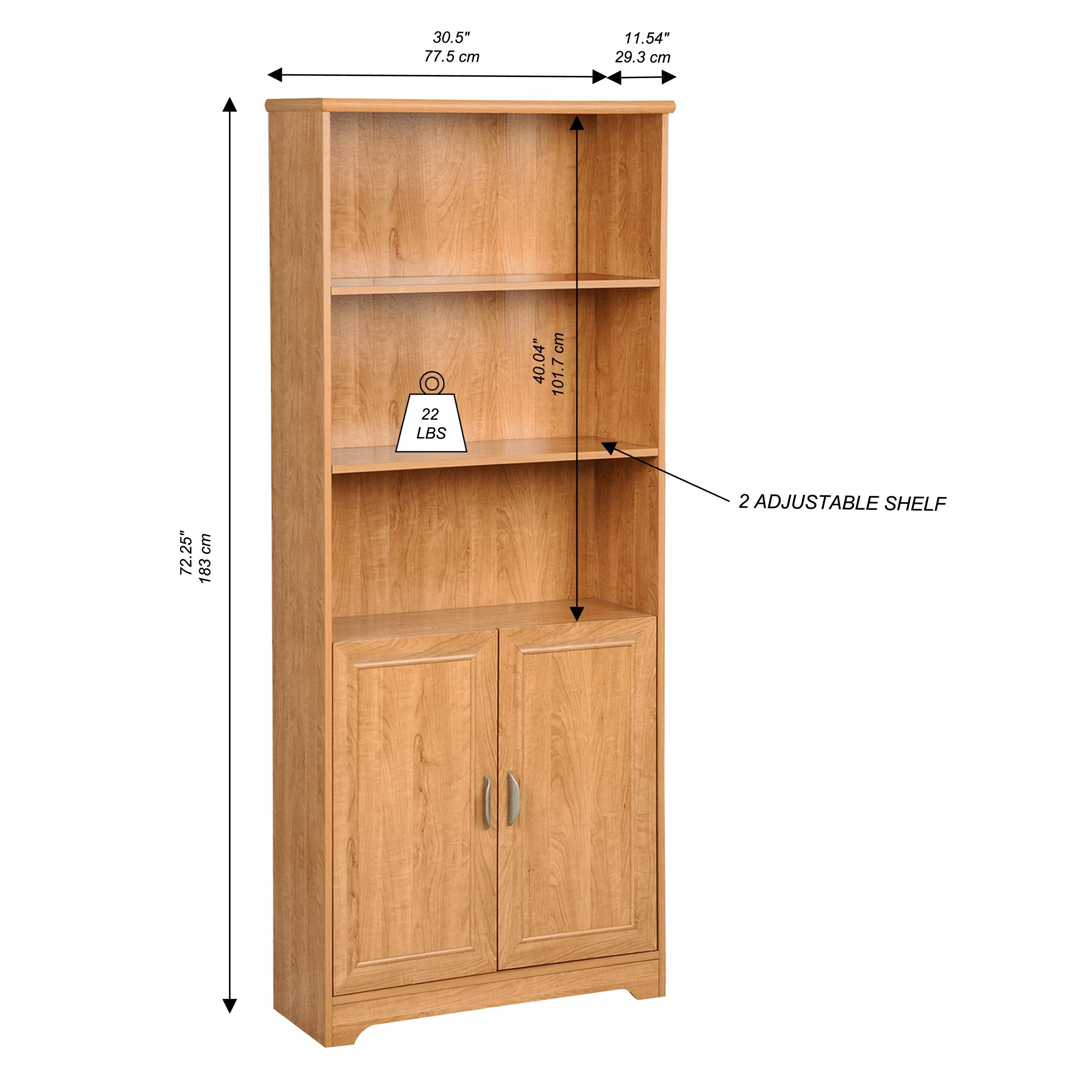 5-Shelf Bookcase with Doors - Honey Maple Wooden Bookcase with Adjustable Shelves, Modern Storage Unit with Metal Hardware - Perfect for Living Room, Office, or Library Organization