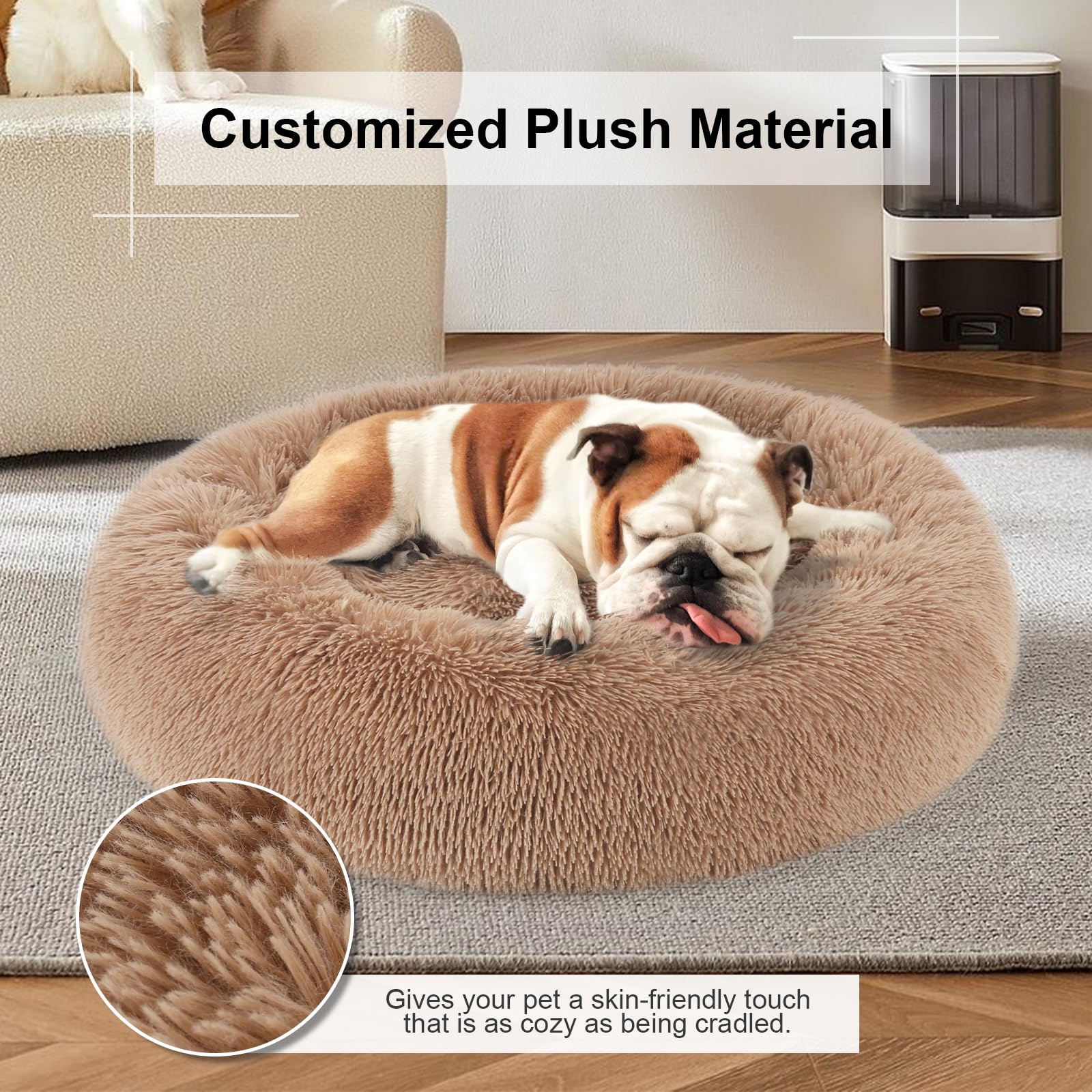 Soft Faux Fur Donut Pet Bed - Round Plush Cuddler for Dogs & Cats, Calming Bed for Small Medium Large Pets - Perfect for Cuddling, Napping & Anxiety Relief