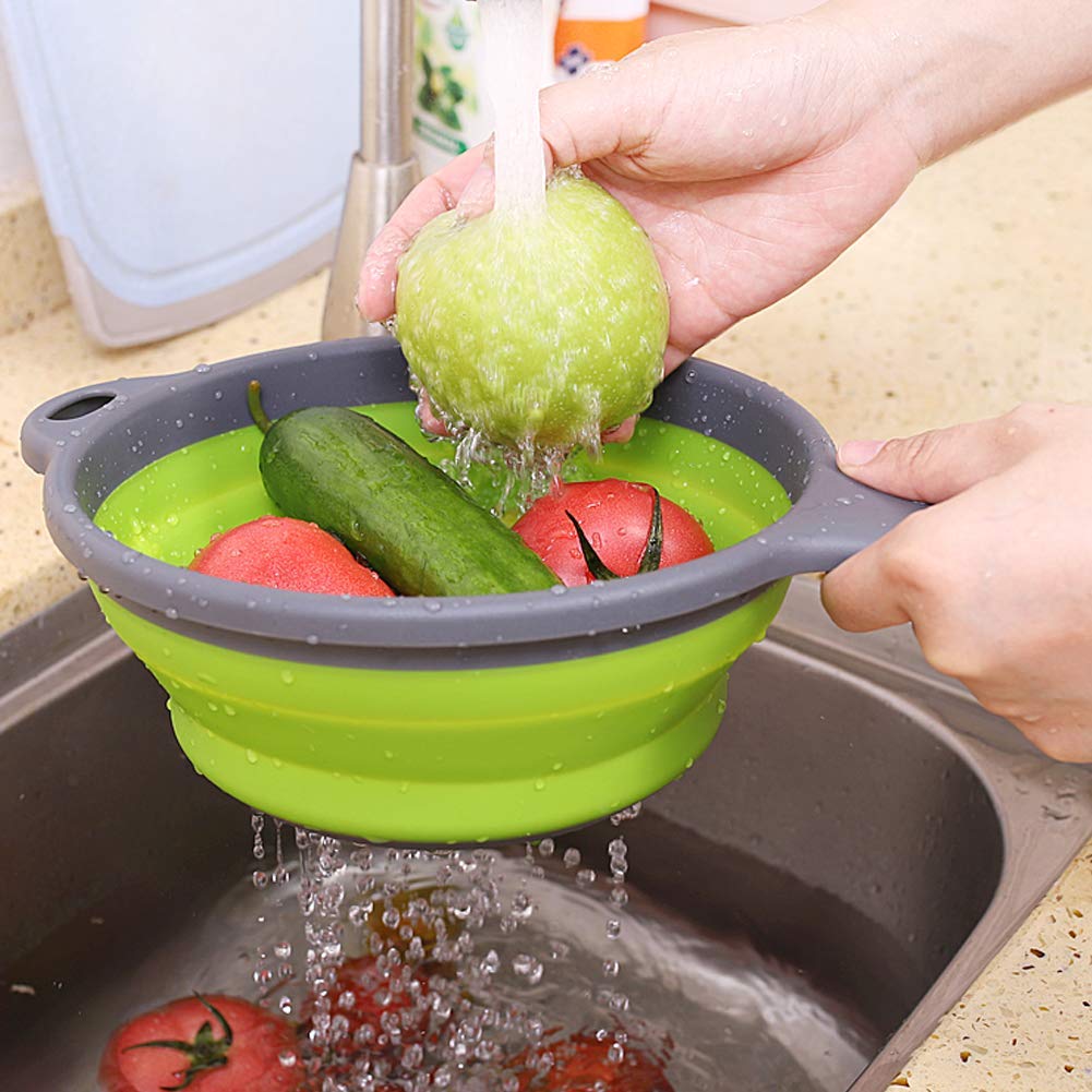 2 Pack Foldable Silicone Colanders with Handles - Space Saving Collapsible Strainer for Pasta, Vegetables, Fruits | Dishwasher Safe Kitchen Strainer for Small Spaces, Camping & RV Cooking (Green & Red)