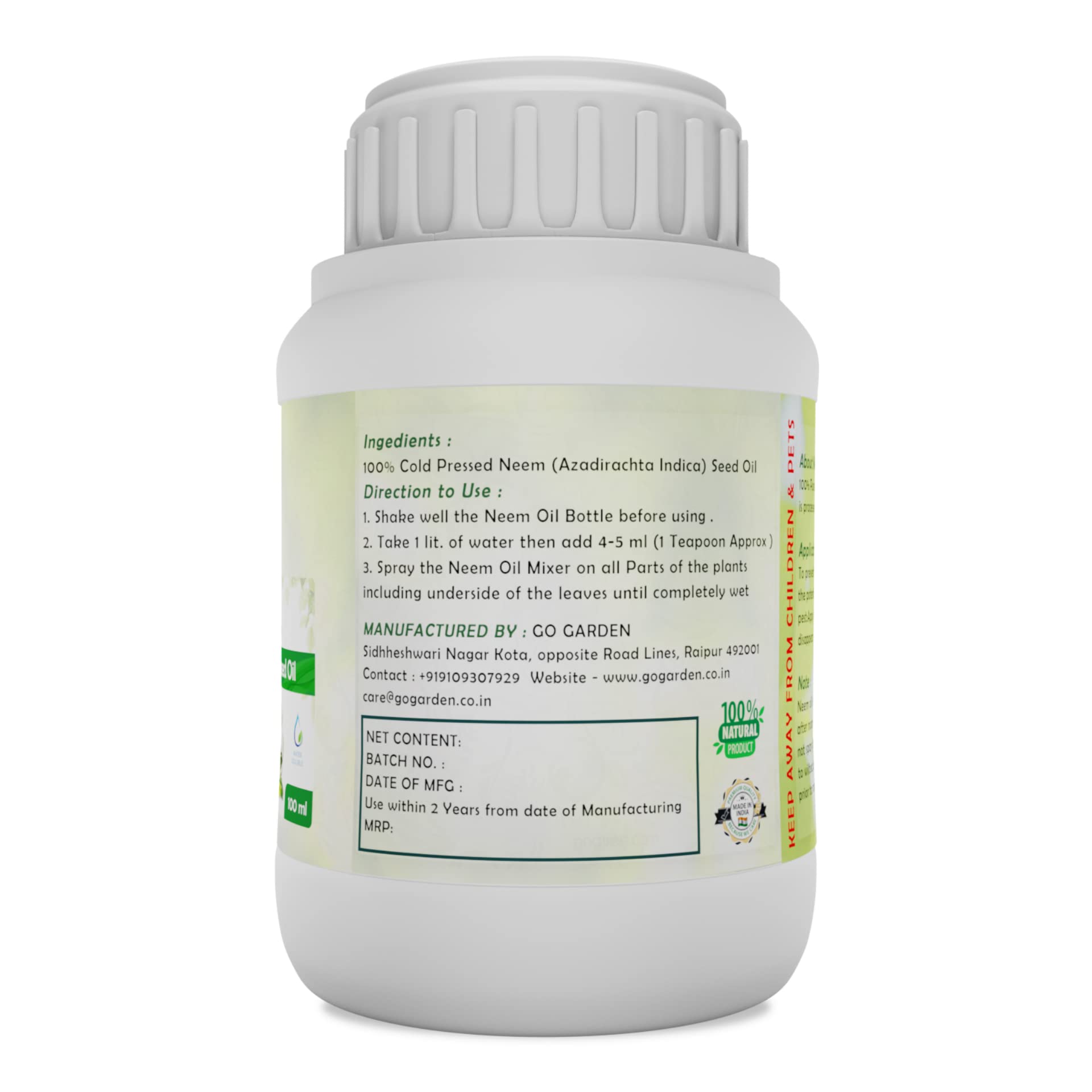 Organic Cold-Pressed Neem Oil for Plants - 100% Pure Water Soluble Neem Oil Concentrate for Indoor & Outdoor Plants - Natural Pest Control for Aphids, Spider Mites & Whiteflies - Promotes Healthy Plant Growth - Ideal for Home Gardening, Flowers, Vegetables & Houseplants (100ml) - Perfect for Organic Gardening & Eco-Friendly Pest Management
