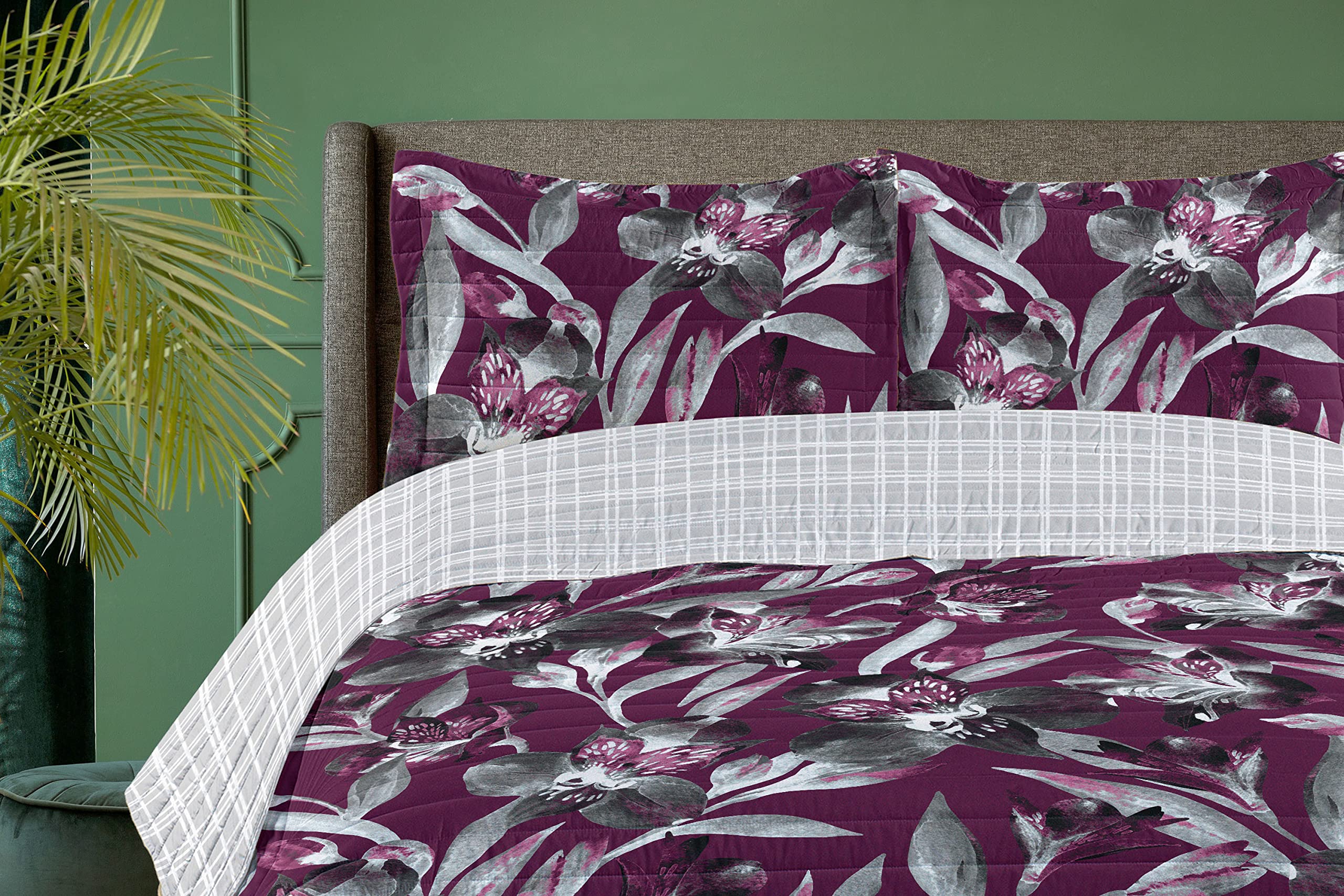 Ambesonne Exotic Reversible King Size Bedspread Set - Tropical Jungle Butterfly Design with Plum Pearl Microfiber Pillow Shams & Comforter | Perfect for Spring Bedroom Decor, Guest Room Makeover, and Boho Chic Home Styling