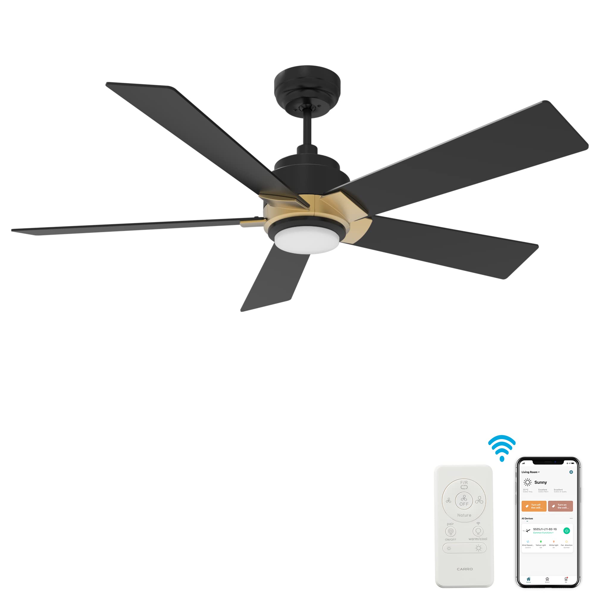 SMAAIR 52 Inch Smart Ceiling Fan with Lights - Low Profile, Dimmable LED Light, 10-Speed Reversible DC Motor, APP/Alexa/Google Assistant/Siri Voice Control (Black/Gold) - Perfect for Bedroom, Living Room and Office Spaces