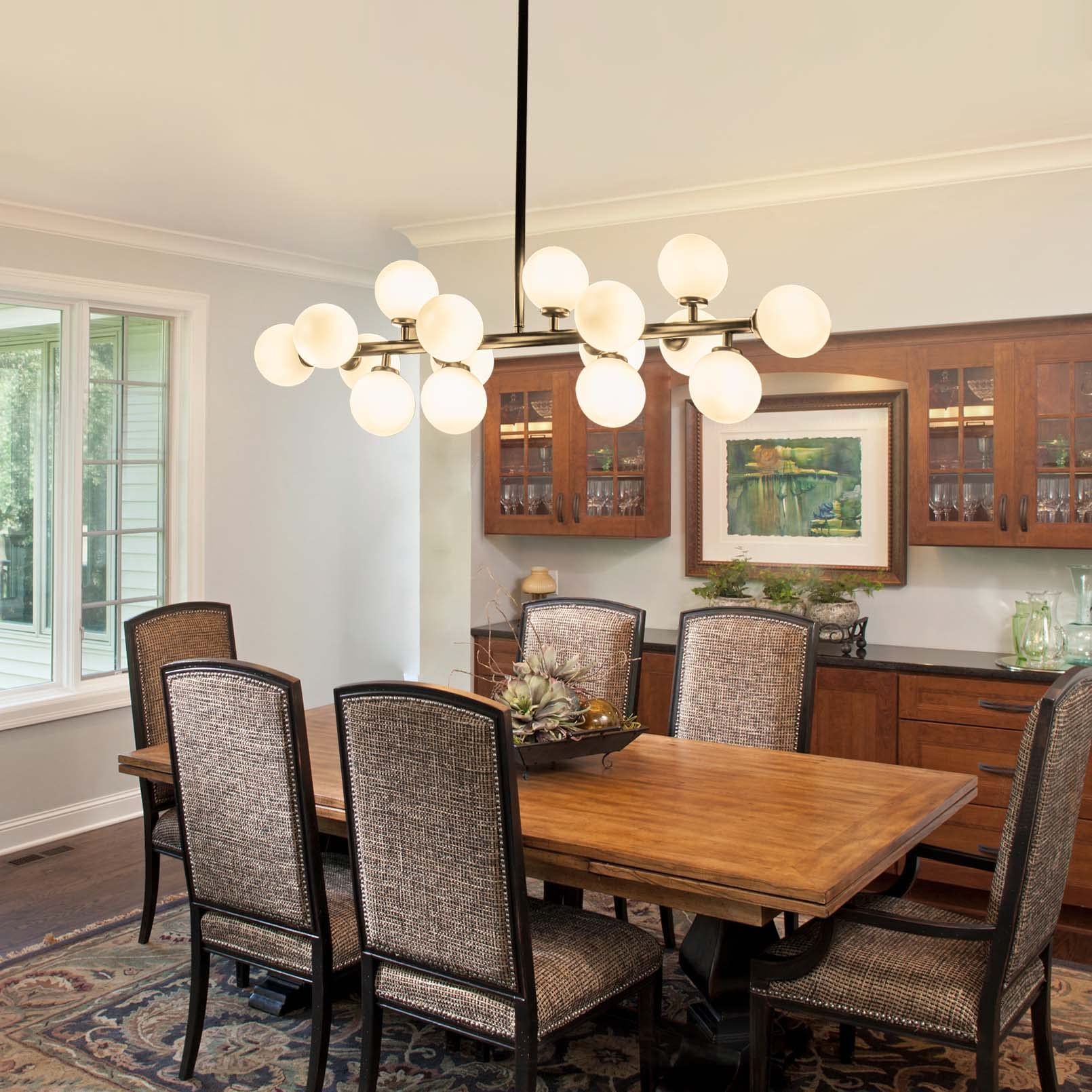 Mid Century Modern 16-Light Black Linear Chandelier - Elegant Pendant Lighting Fixture for Dining Room & Kitchen | Perfect for Contemporary Home Decor & Open Concept Spaces