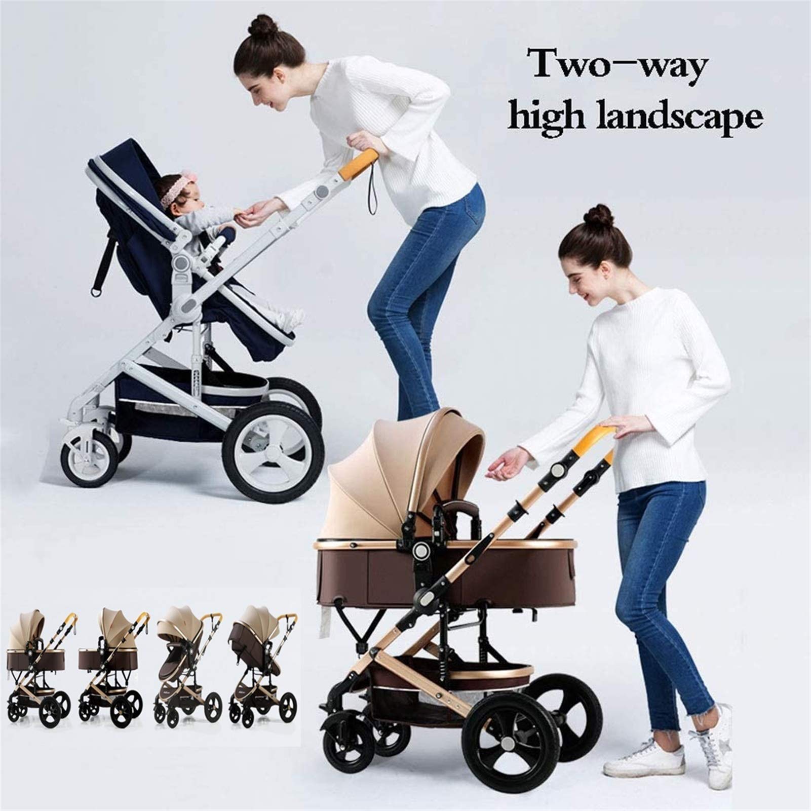 2-in-1 Convertible Baby Stroller with Reversible Bassinet | Foldable Aluminum Alloy Pushchair | Infant Pram & High Landscape Carriage (Gold) - Perfect for Newborns, Travel & Daily Walks
