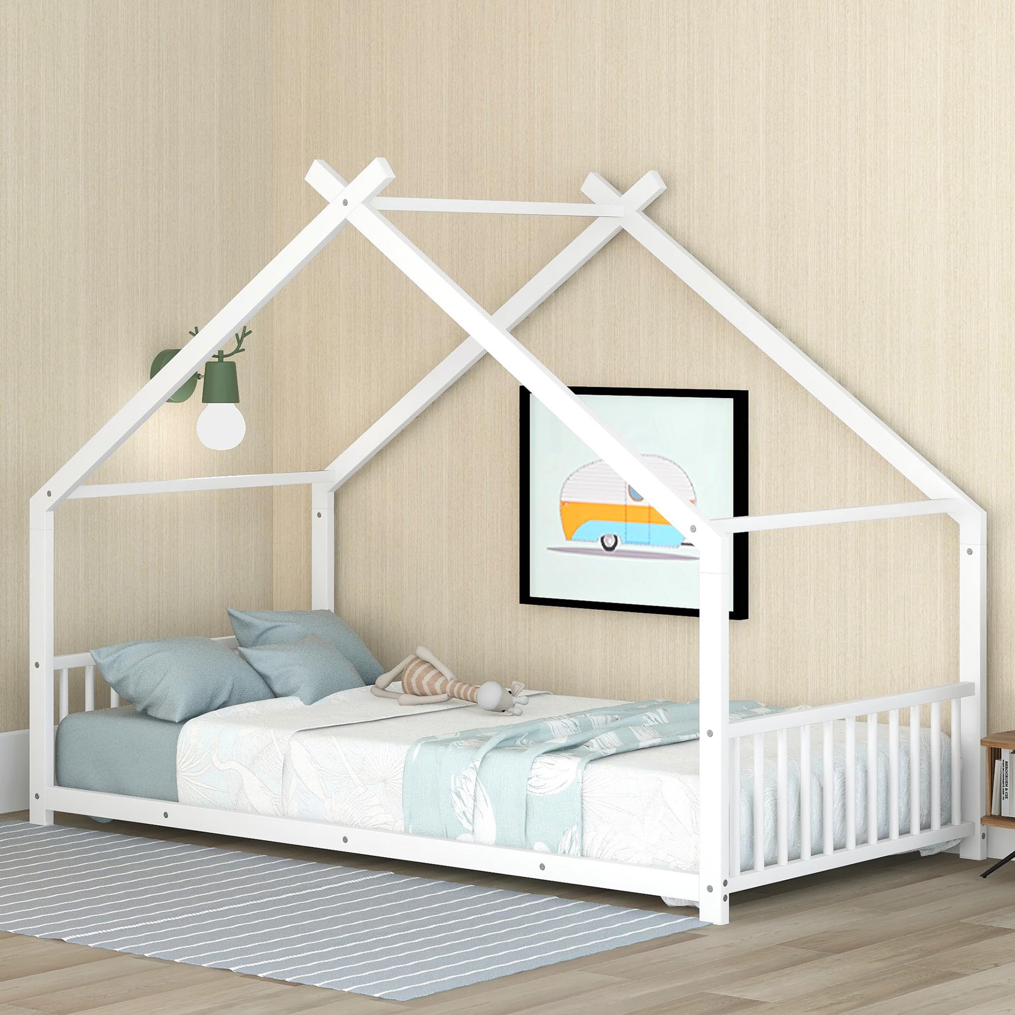 Montessori Twin Size Floor Bed for Kids - White Metal Frame with Headboard, Footboard & Slats - Safe & Sturdy House Bed for Toddlers & Children - Perfect for Montessori Bedrooms, Playrooms & Cozy Sleep Spaces