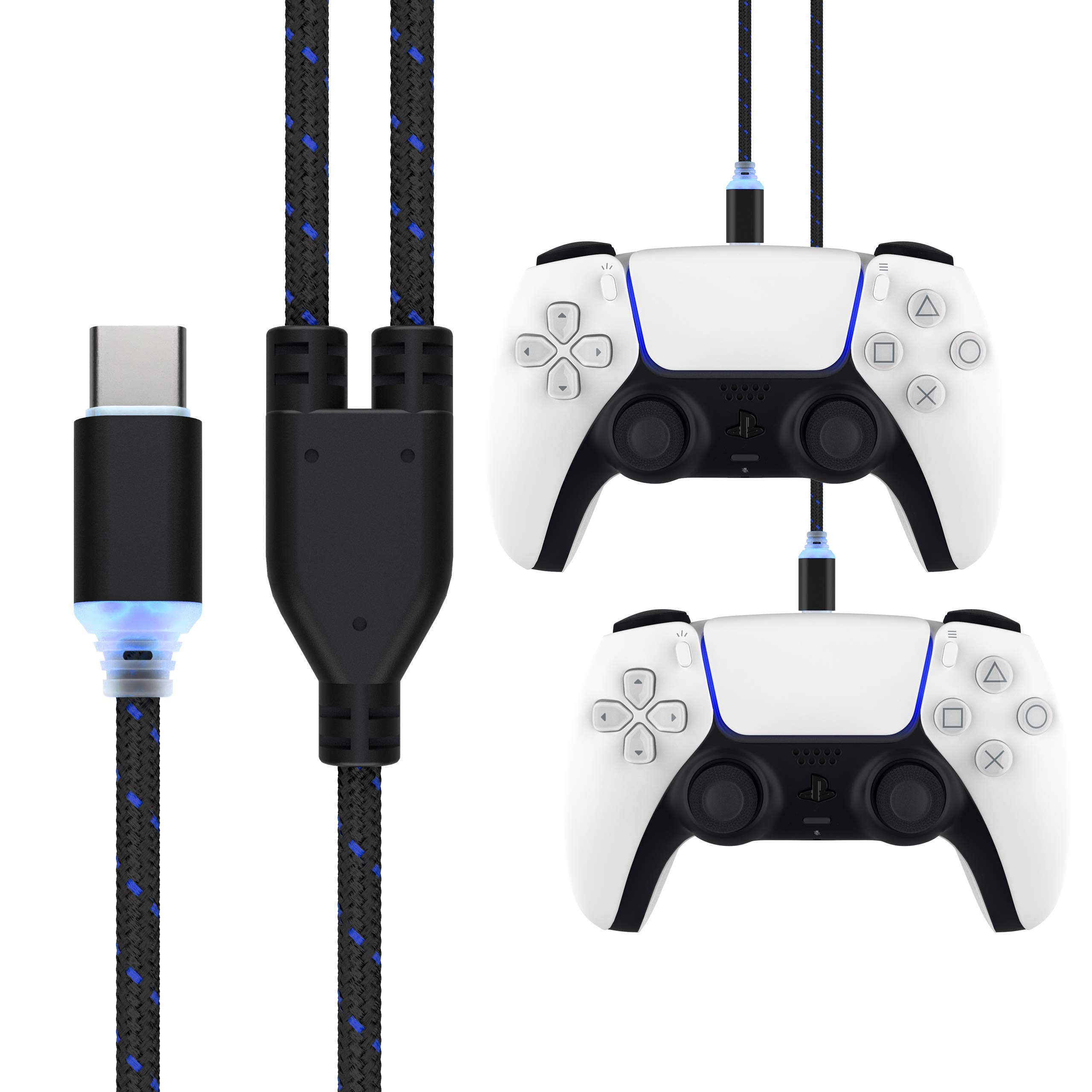 10FT Split PS5 Controller Charger Cable with LED Fast Charging - Braided Nylon USB C Cable for Switch, Playstation 5 Dualsense, Xbox Series X/S - Durable Gaming Accessories (C to C, Blue LED) - Perfect for Long Gaming Sessions & Multi-Device Charging