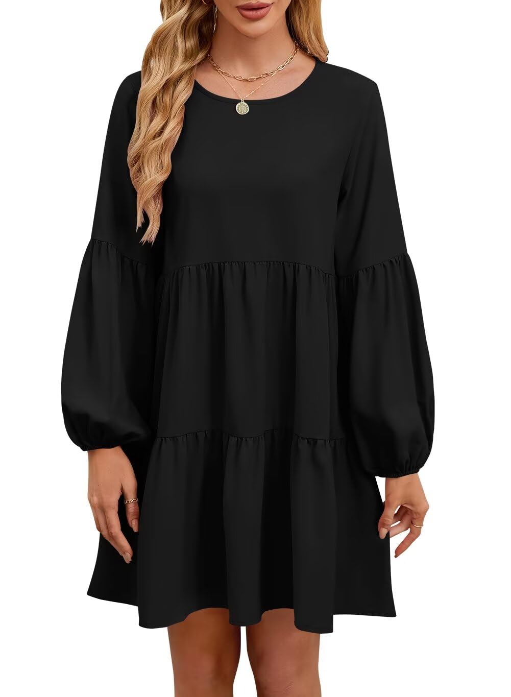 QACOHU Women's Summer Babydoll Dress 2025 - Spring Crew Neck Long Sleeve Flowy Swing Tunic Mini Dress for Casual Wear, Date Night & Vacation Outfits