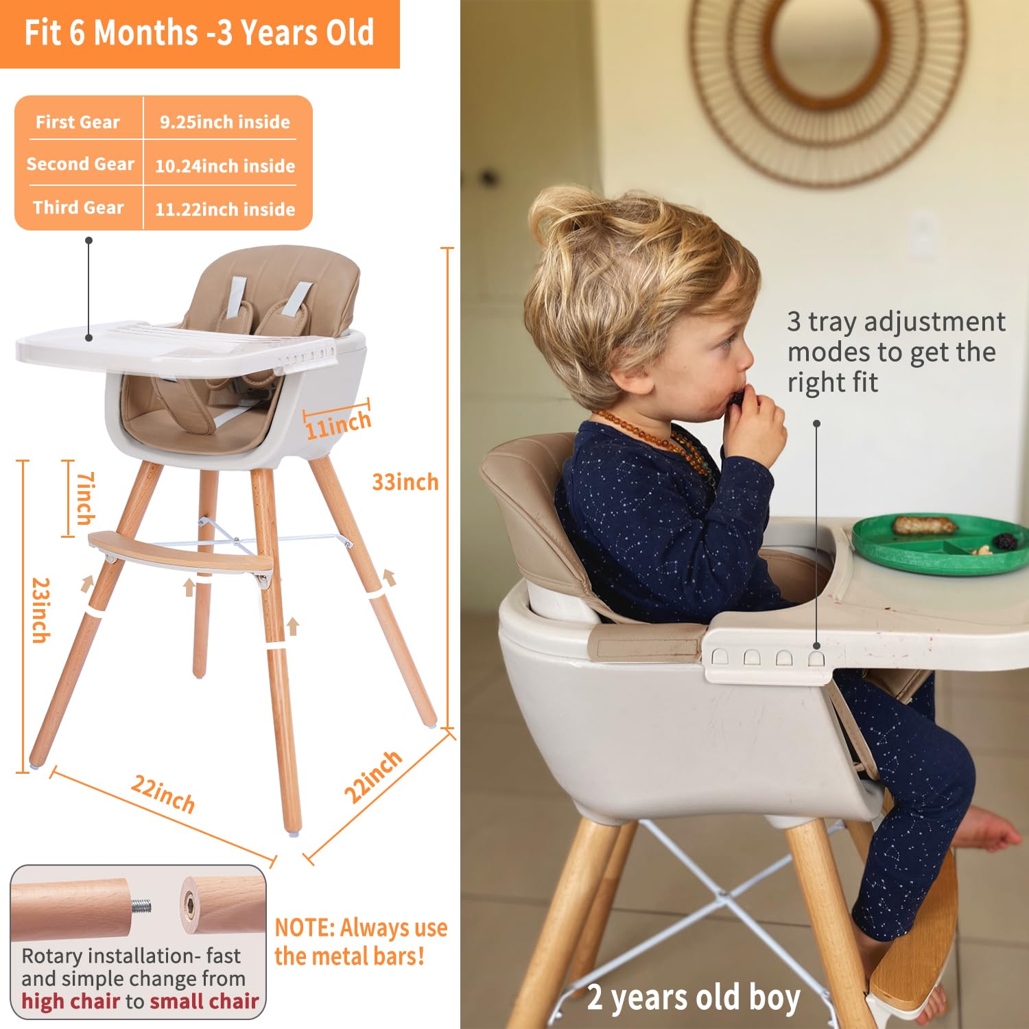3-in-1 Convertible Wooden High Chair for Babies & Toddlers | Adjustable Height & Dishwasher-Safe Tray | Premium Hardwood & Leatherette | Brown | Perfect for Dining, Feeding & Learning Activities