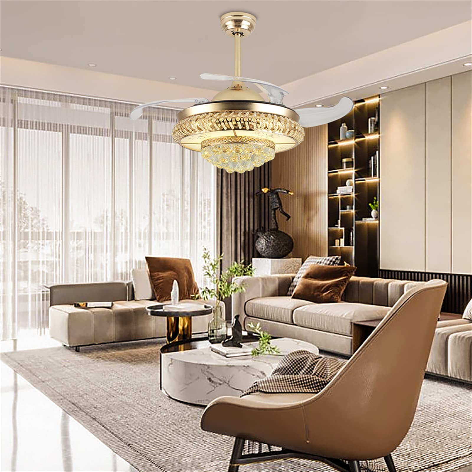 Modern Crystal LED Ceiling Fan with Light - 42 Inch Gold Fandelier with Retractable Blades, Remote Control, 3 Speed Settings & 3 Color Temperatures for Living Room, Bedroom, Dining Room & Kitchen | Energy Efficient Cooling & Stylish Lighting Solution