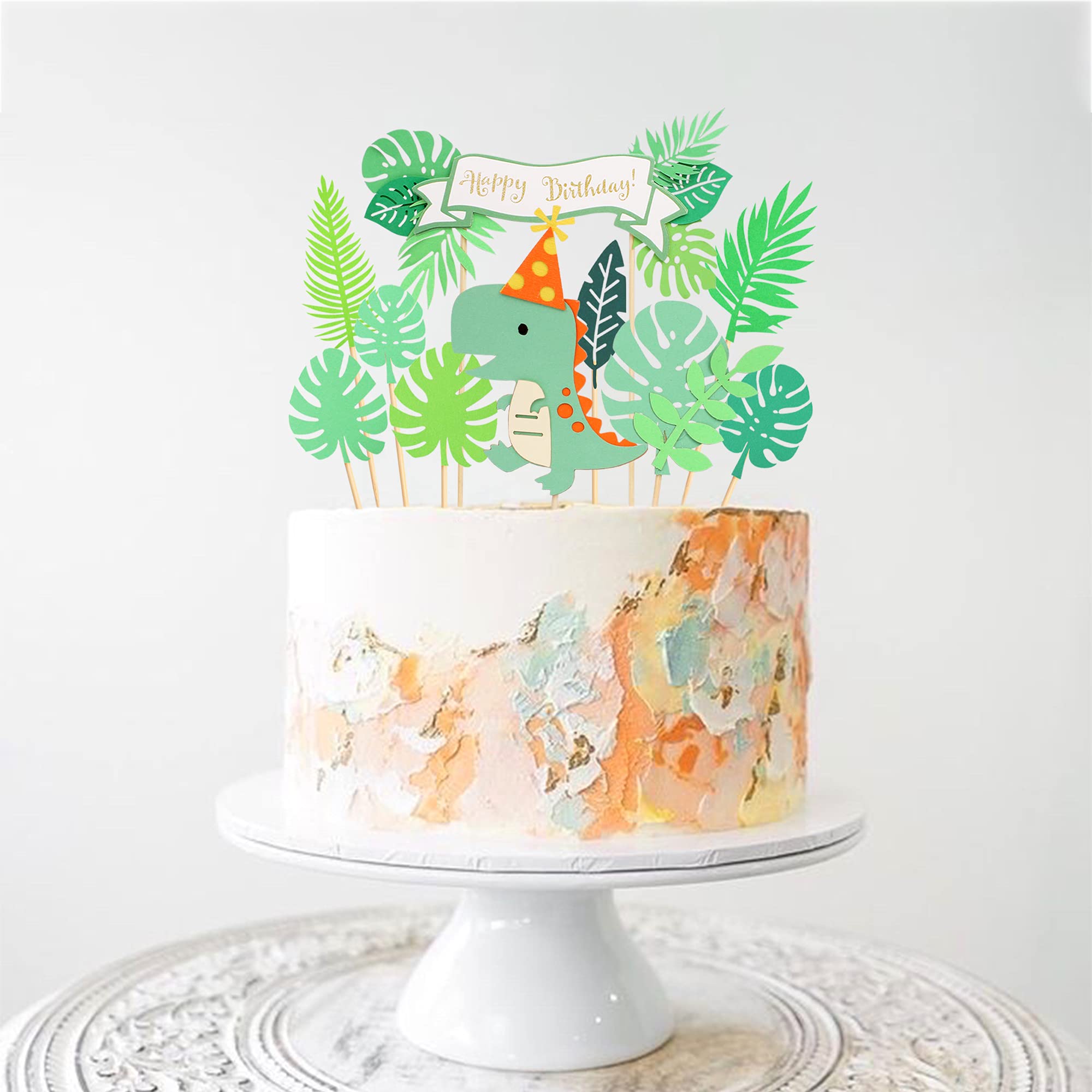 10Pcs Dinosaur Cake Toppers - Happy Birthday Party Decorations with Forest Green Leaves for Jungle Theme Baby Shower, Kids Birthday Cakes - Perfect for Dinosaur Themed Parties and Cake Decorating