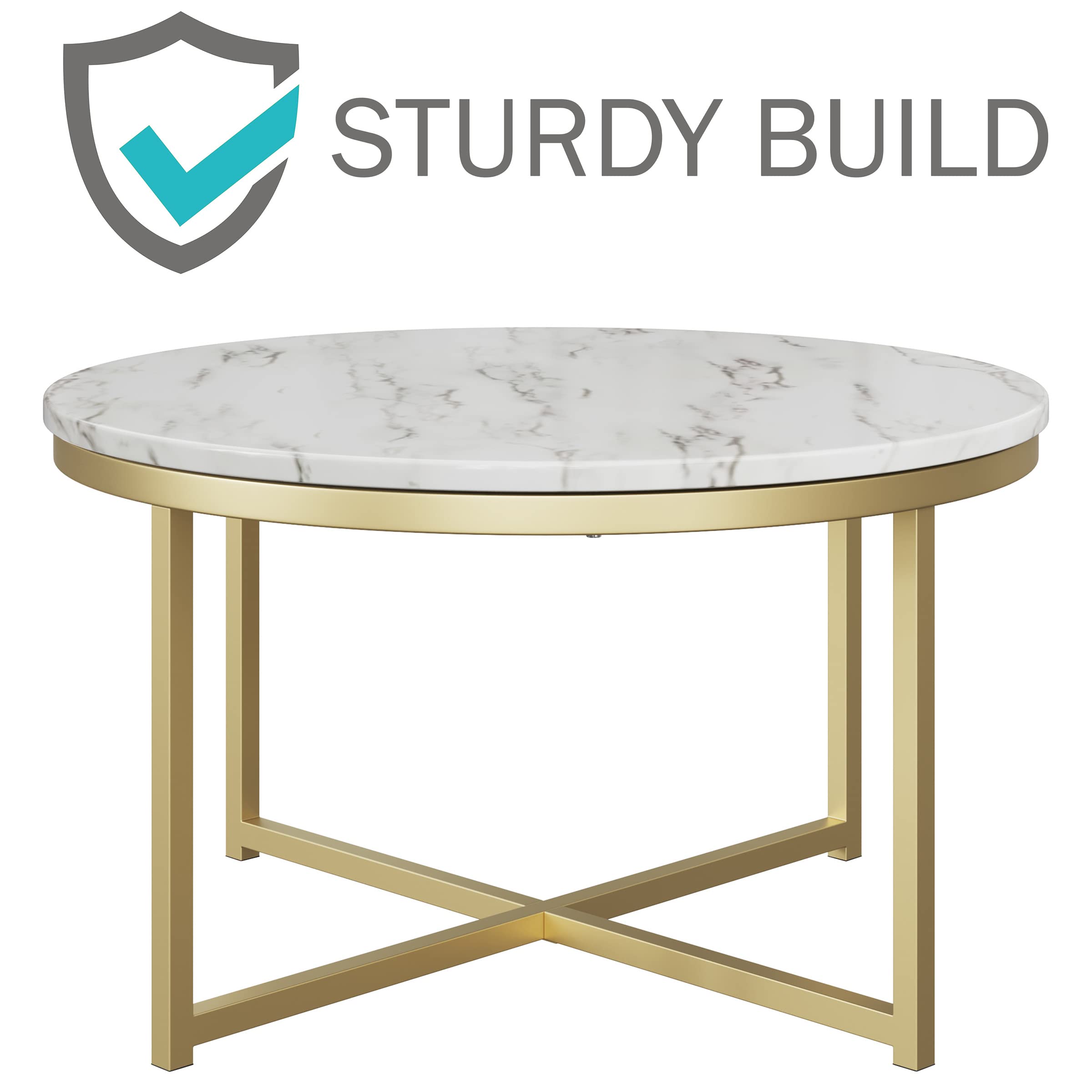 Modern Round Coffee Table with Faux Marble Top & Metal Crossbeam Base - White/Gold Accent Table for Living Room by Lavish Home - Perfect for Small Spaces, Apartments & Contemporary Home Decor