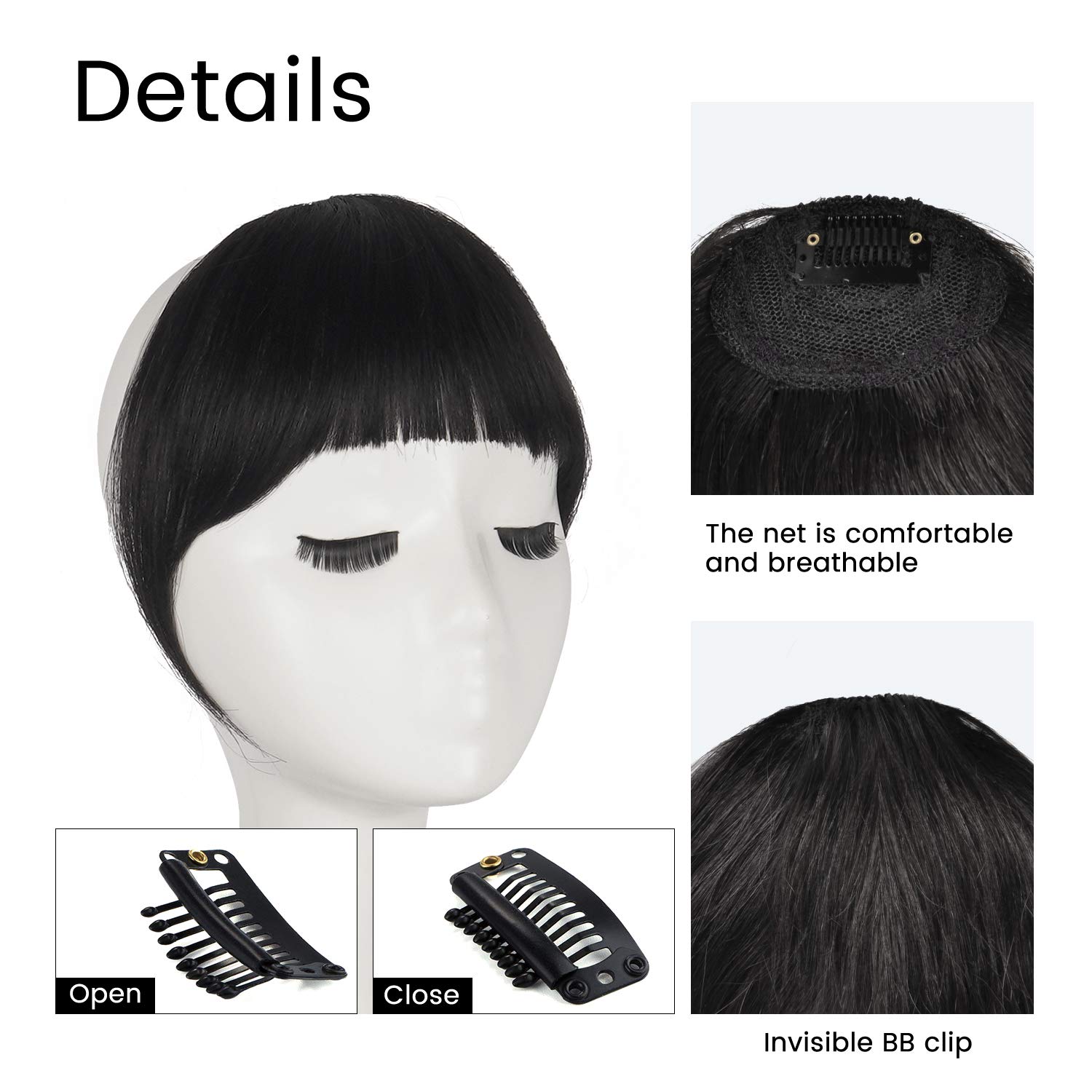 FESHFEN Clip-in Bangs 100% Human Hair Extension - Natural Black Curved French Fringe Hairpiece for Women & Girls | Easy Clip-on Flat Bangs with Temples | Perfect for Daily Wear, Cosplay & Hairstyle Transformations