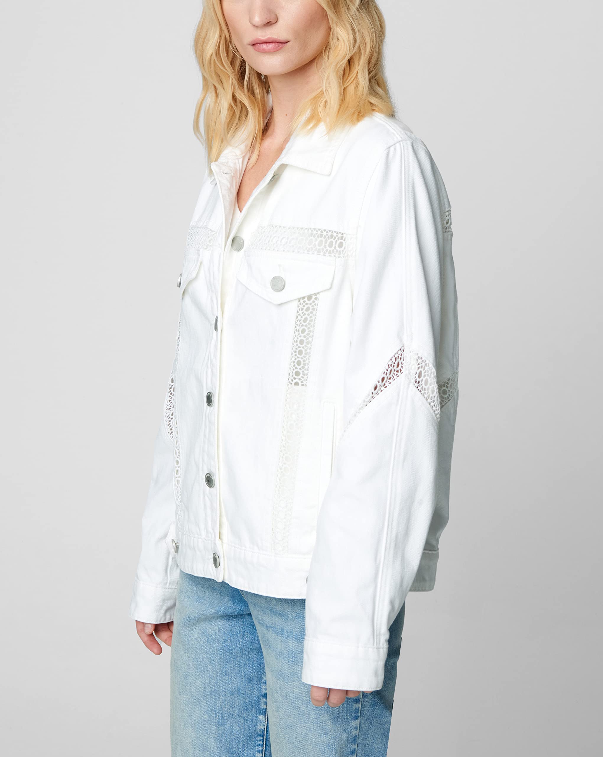 BLANKNYC Women's Oversized Denim Jacket with Crochet Trim - Comfortable & Stylish Luxury Outerwear for Casual Wear, Street Style & Spring Fashion