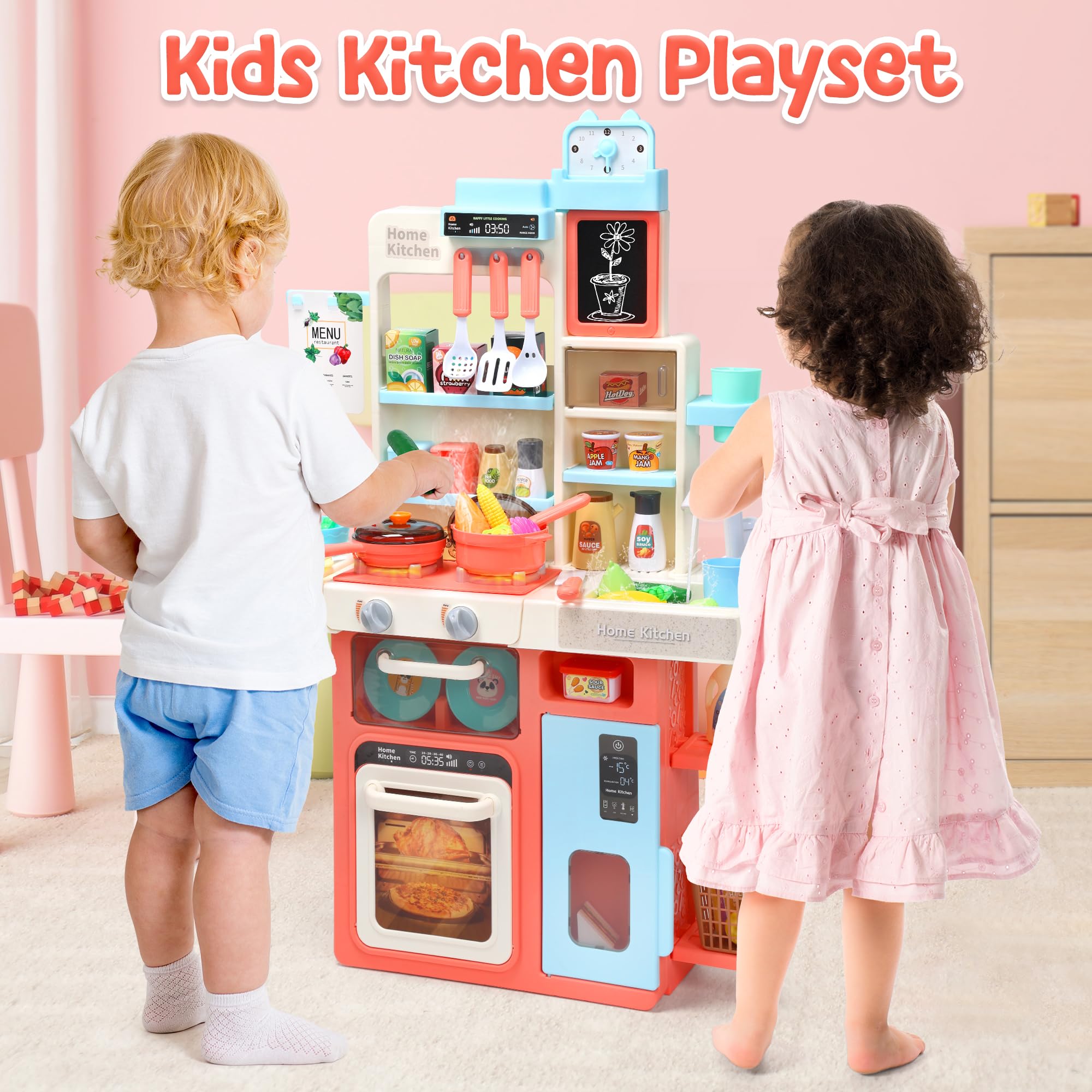 HOLYFUN Kids Kitchen Playset with Sound & Light - Interactive Pretend Play Cooking Stove with Steam, Play Sink & 20+ Toy Kitchen Accessories - Educational Toddler Toys for Girls & Boys (Pink) - Perfect for Imaginative Play, Birthday Gifts & Preschool Learning Activities