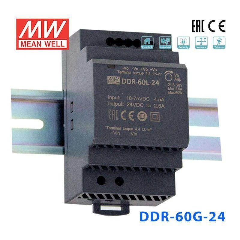 Mean Well DDR-60G 24V DC to DC Converter 60W 9-36V Input 24V Output for Industrial Automation & Solar Power Systems