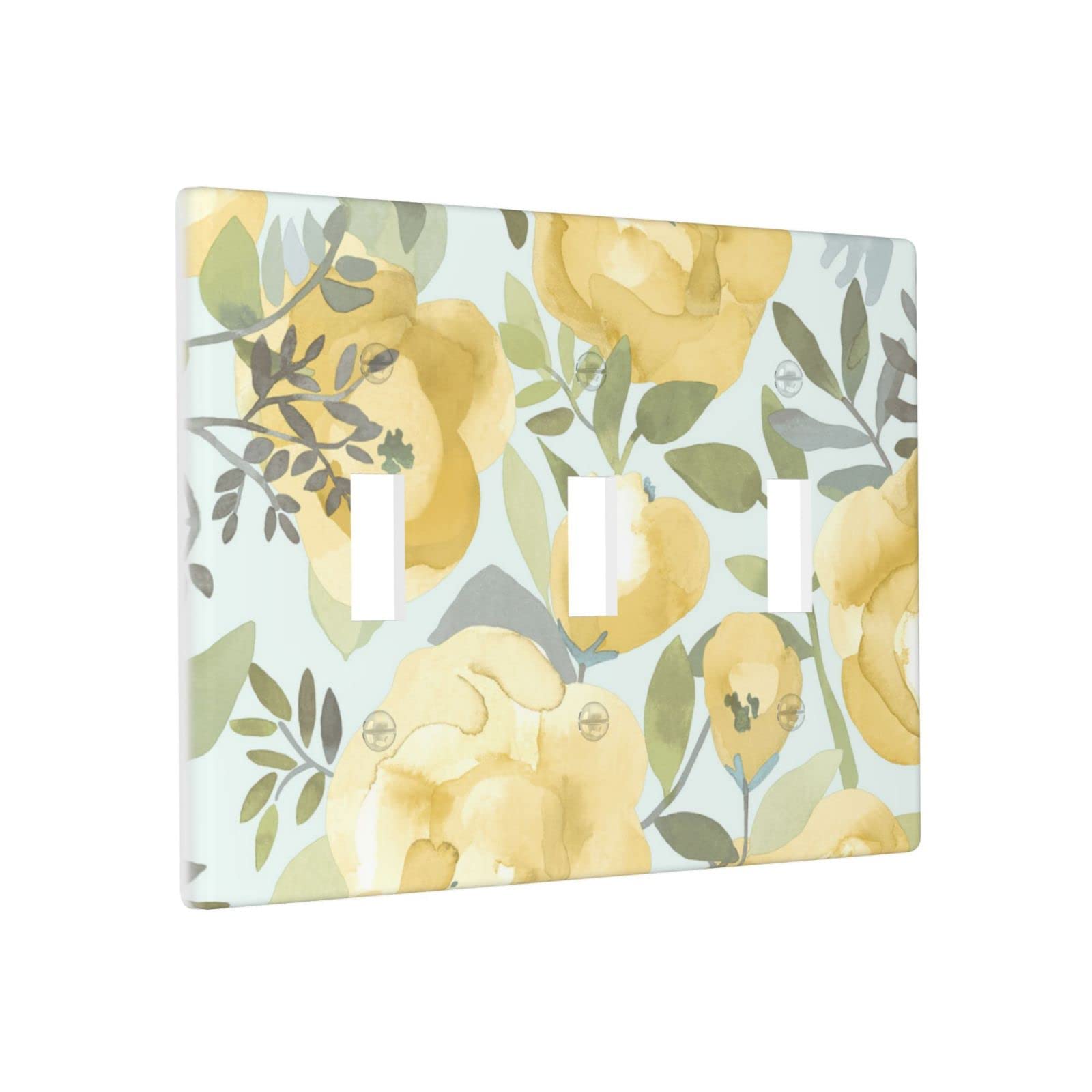 Yellow Floral Light Switch Cover - Triple Toggle Wall Plate, Decorative 3-Gang Switch Plate (4.5 x 6.38 Inch) for Kitchen, Bathroom & Bedroom - Brighten Your Home Decor