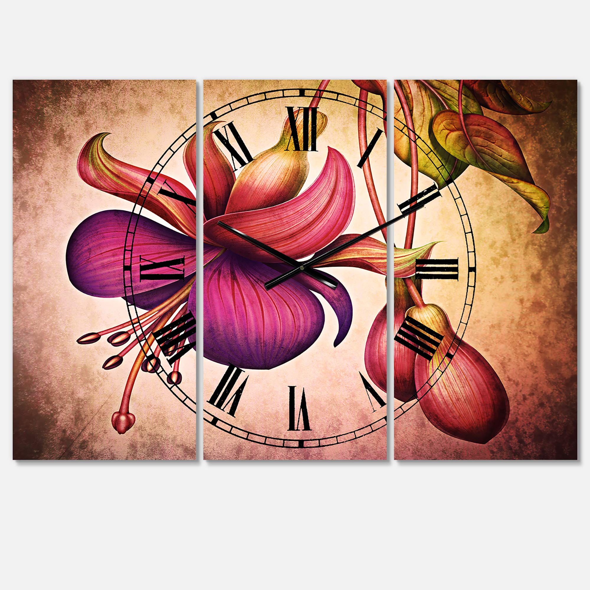 Designart Fuchsia Flowers with Green Leaves Traditional 3-Panel Wall Clock - Metal Wall Art Decor for Living Room, Bedroom, Office | Perfect for Home Decor & Modern Interior Design