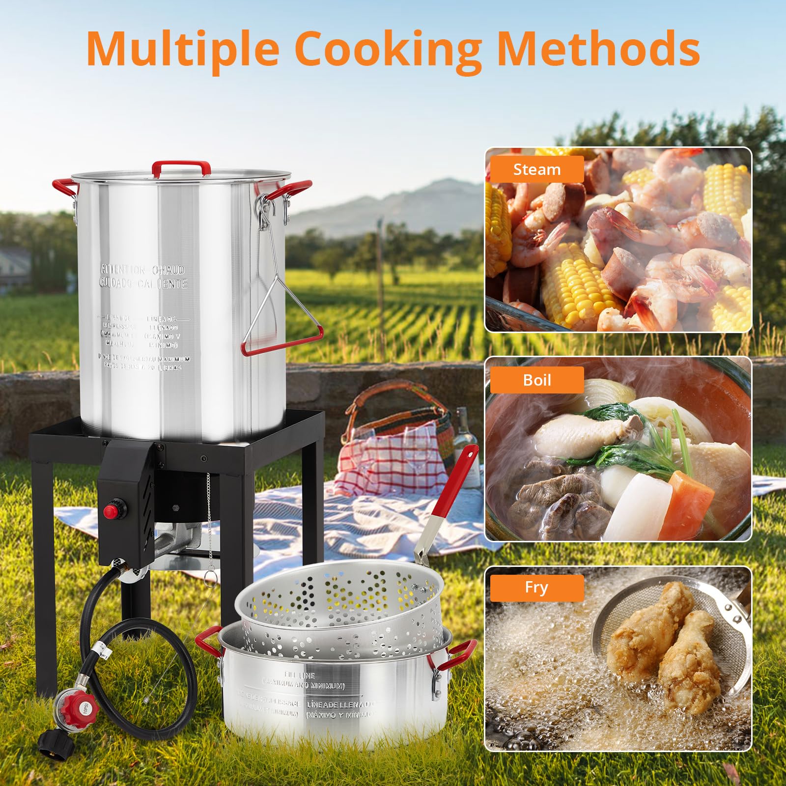 30 Qt Aluminum Turkey Fryer & 10 Qt Fish Boiler Steamer Set - Outdoor Propane Stove Burner Stand with Thermometer, Rack & Lifting Hook (38,000 BTU) - Perfect for Thanksgiving Turkey Frying, Seafood Boiling, and Outdoor Cooking Parties