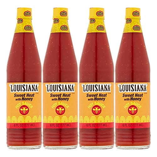 Louisiana Brand Sweet Heat with Honey Hot Sauce - 6 oz. Bottle (Pack of 4) | Spicy Honey-Infused Hot Sauce for Wings, Tacos, BBQ & Cooking | Premium Louisiana Style Hot Sauce for Home & Restaurant Use