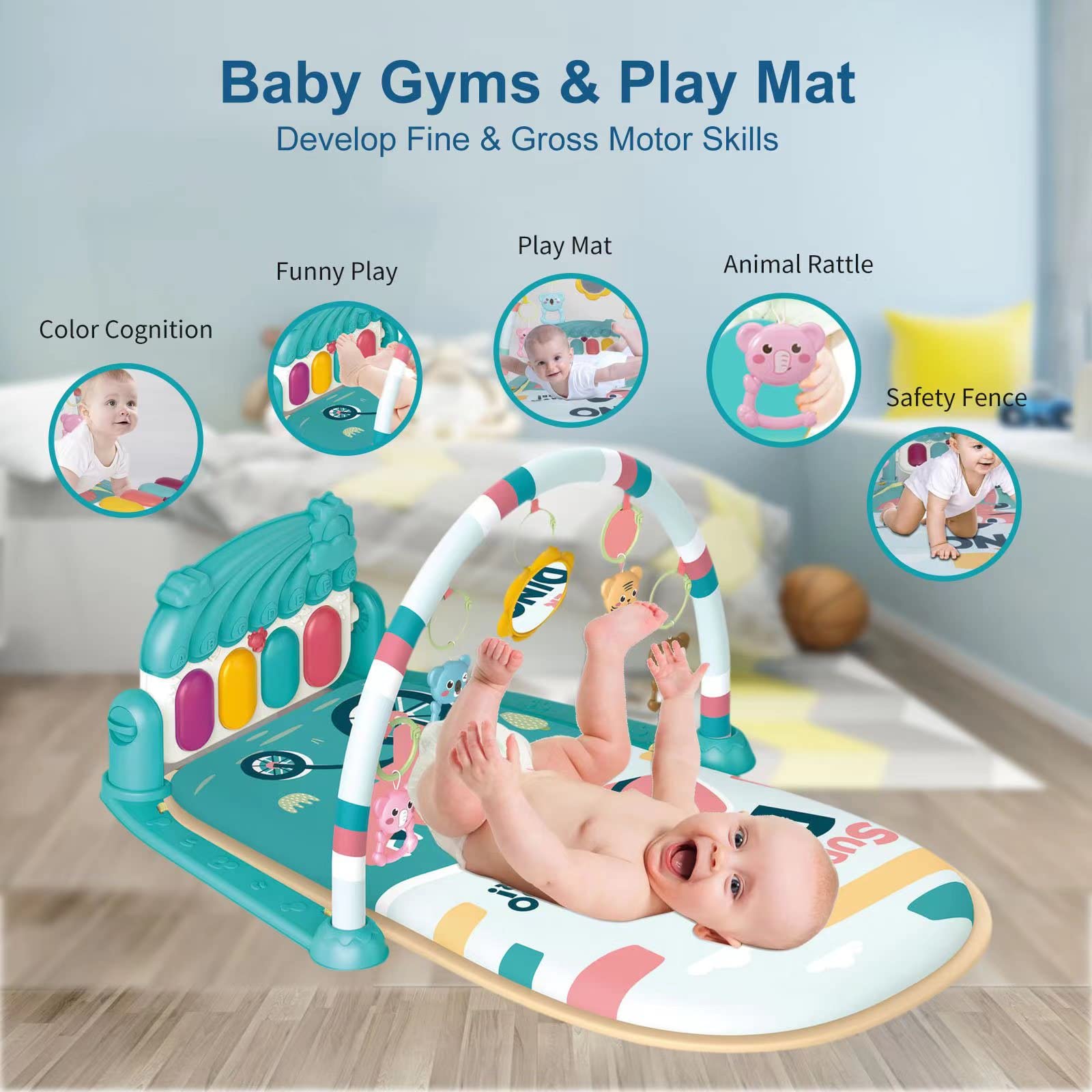 Dearlomum Baby Play Mat & Gym - Interactive Piano Tummy Time Activity Mat with 5 Sensory Toys, Music & Lights | Developmental Toy for Newborn to 12 Months | Perfect Gift for Boys & Girls (Blue) | Great for Floor Play, Sensory Development & Early Learning Activities