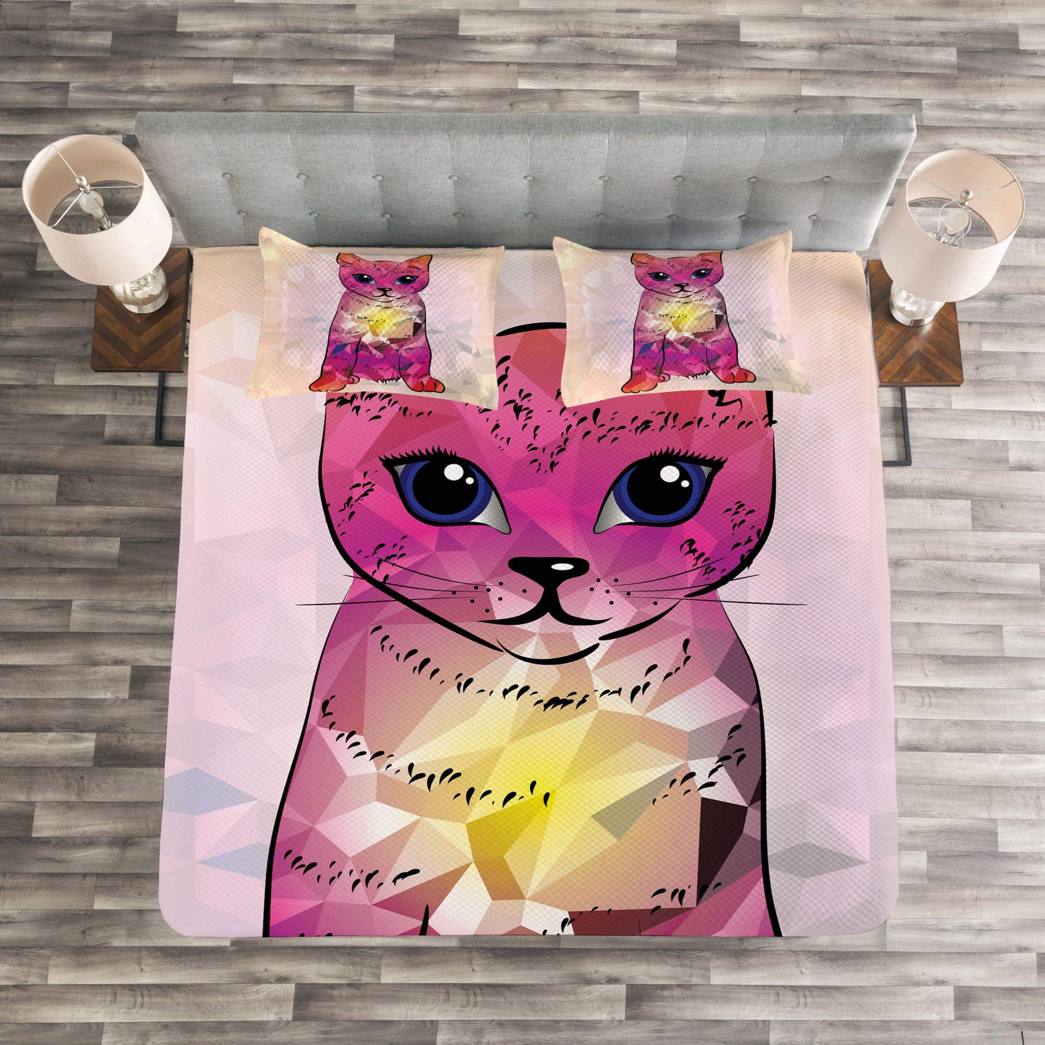 Ambesonne Cat Bedspread Set - Geometric Digital Robot Cat Design with Retro Tech Patterns, 3-Piece King Size Bedding Set with Coverlet & 2 Pillow Shams in Pink Fuchsia | Perfect for Modern Bedroom Decor, Themed Guest Rooms & Cat Lover Gifts
