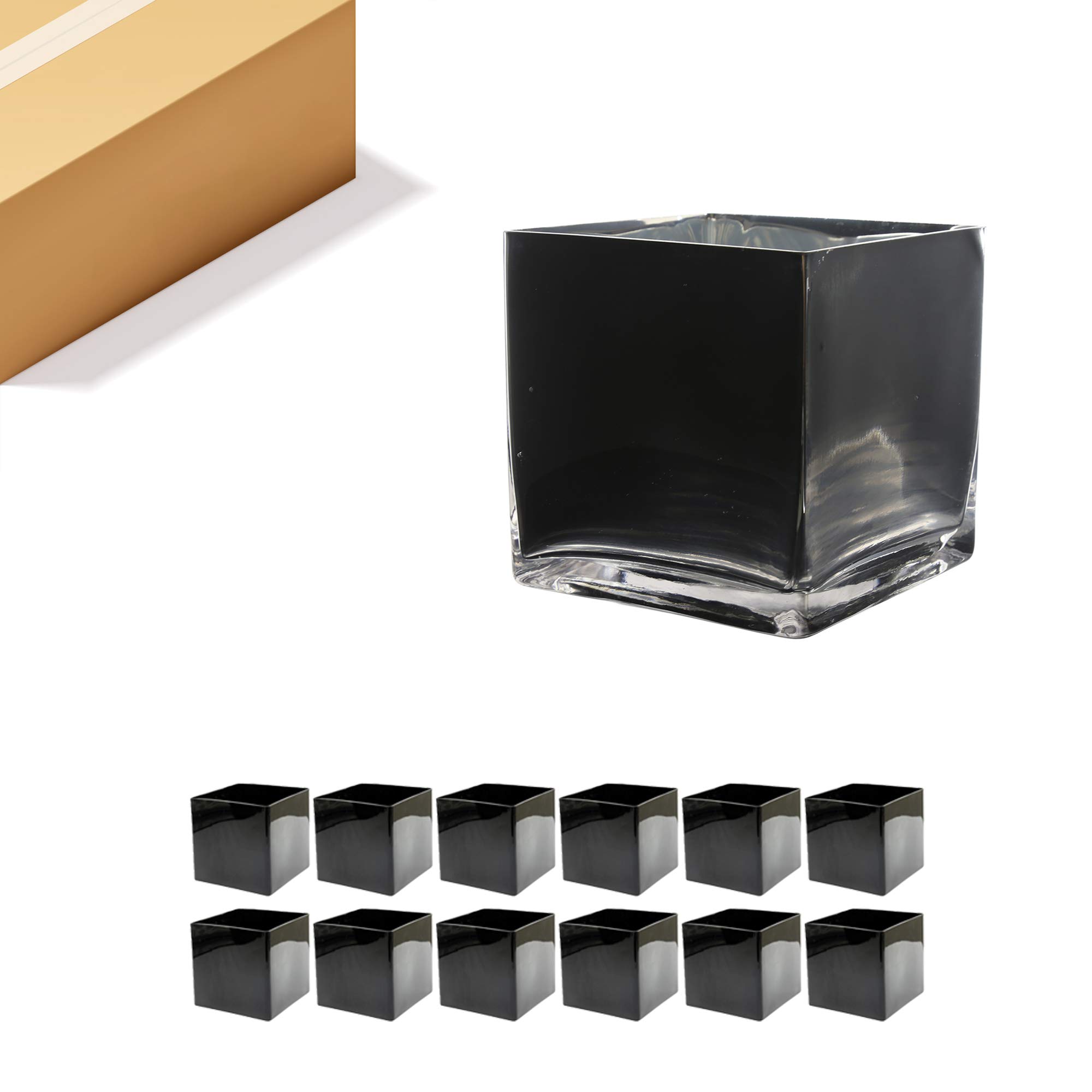 WGV 5x5x5 Inch Black Cube Glass Vase Bulk - Elegant Floral Candle Holder, Terrarium Planter & Storage Container for Wedding, Party, Home & Office Decor (12-Piece Set) - Perfect for Centerpieces, Floral Arrangements & Event Decorations