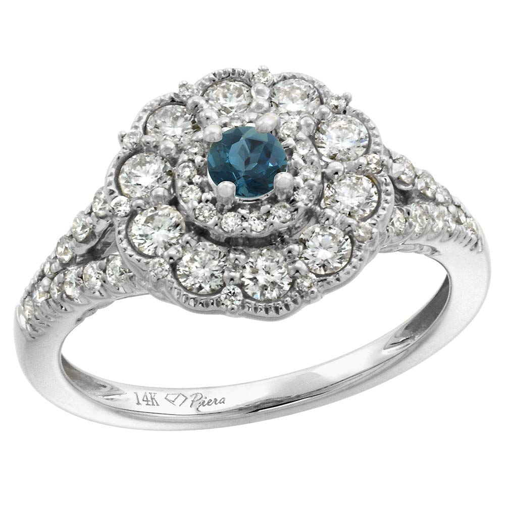 14K White Gold Diamond & London Blue Topaz Halo Engagement Ring - Round Brilliant Cut 3mm, Size 5.5 - Perfect for Proposals, Weddings & Anniversary Gifts