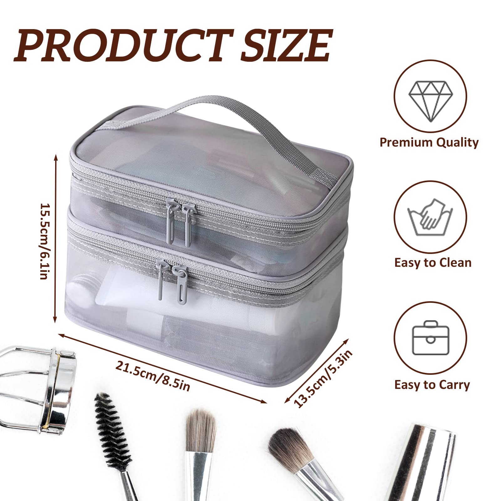 Double Layer Makeup Bag with Large Mesh & Dual Zippers - Waterproof Travel Cosmetic Organizer Pouch for Makeup Brushes, Toiletries & Accessories (Gray) | Perfect for Travel, Gym & Daily Beauty Storage