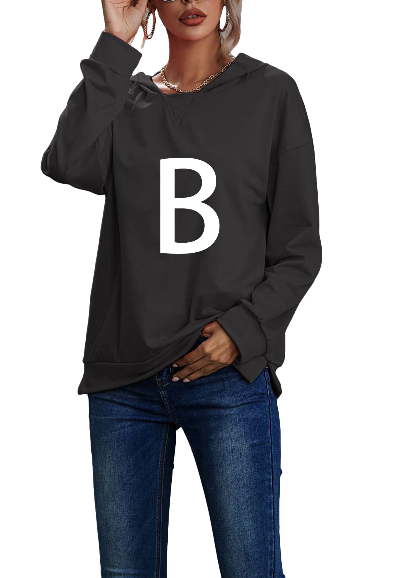 BOFETA Women's Casual Hooded Sweatshirt - Long Sleeve Crewneck Pullover with Side Slit Hem & Printed Design | Perfect for Fall Layering, Lounge Wear & Street Style Outfits