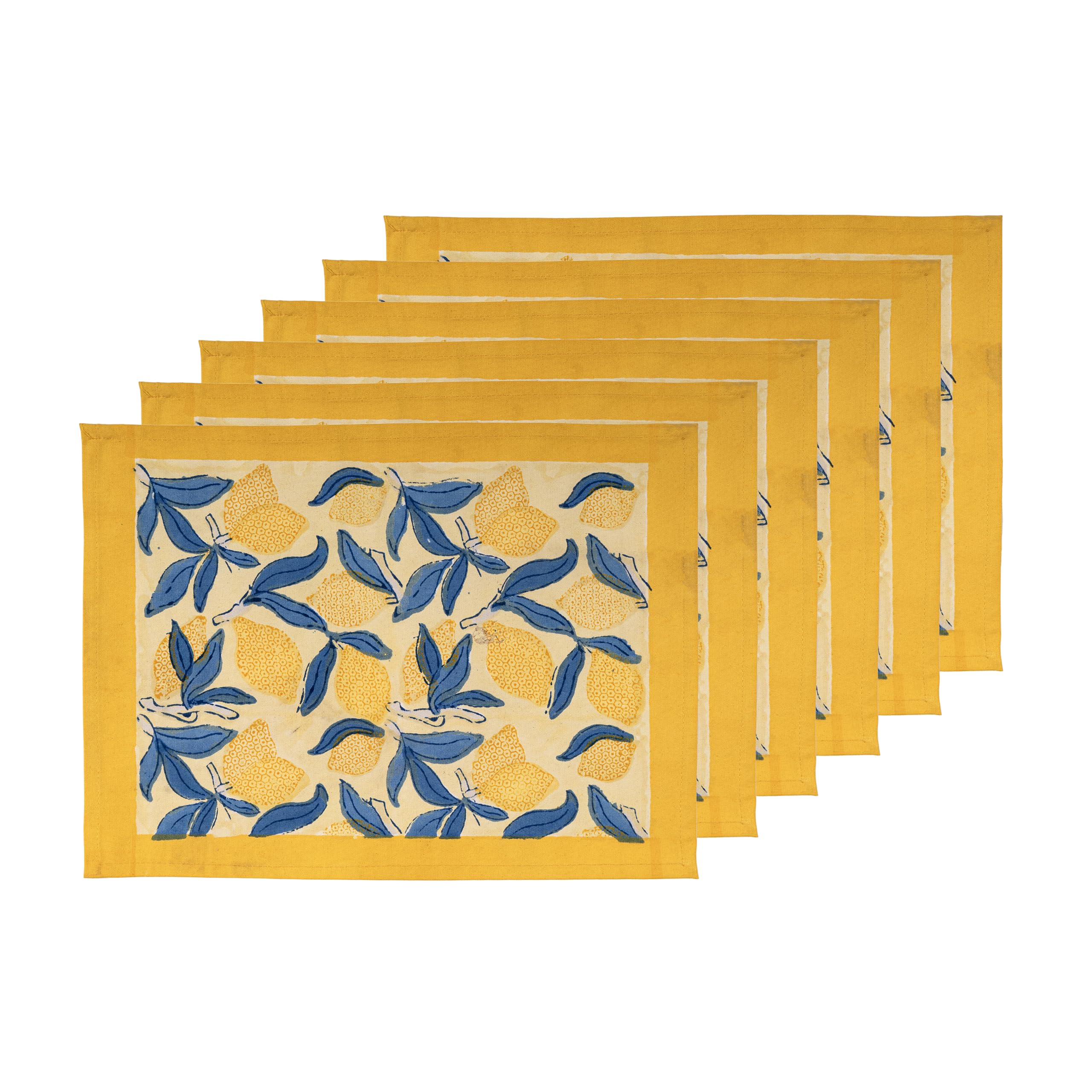 Eco-Friendly Couleur Nature Placemats Set of 6 - 15x18 Inch Lemon Tree Design in Yellow & Blue | Perfect for Dining Table Decor, Kitchen, and Outdoor Picnics