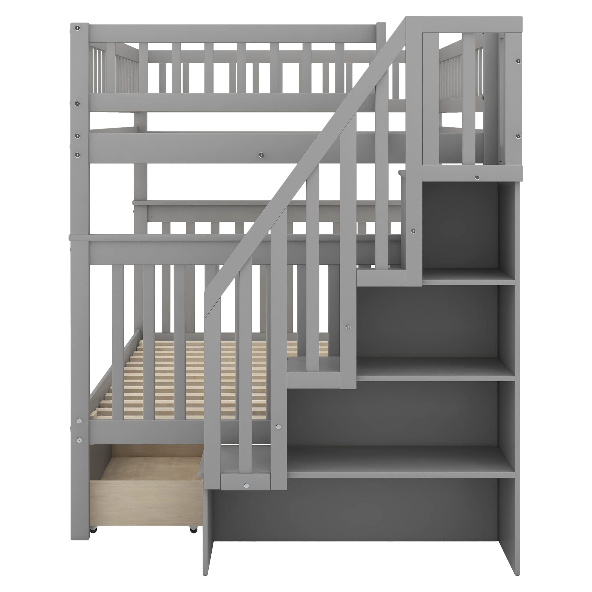 Harper & Bright Designs Full Over Full Bunk Bed with Stairs & Storage Drawers - Convertible Wooden Bunk Bed for Kids, Teens & Adults - Space-Saving Gray Bedroom Furniture for Small Rooms, Guest Rooms & Vacation Homes