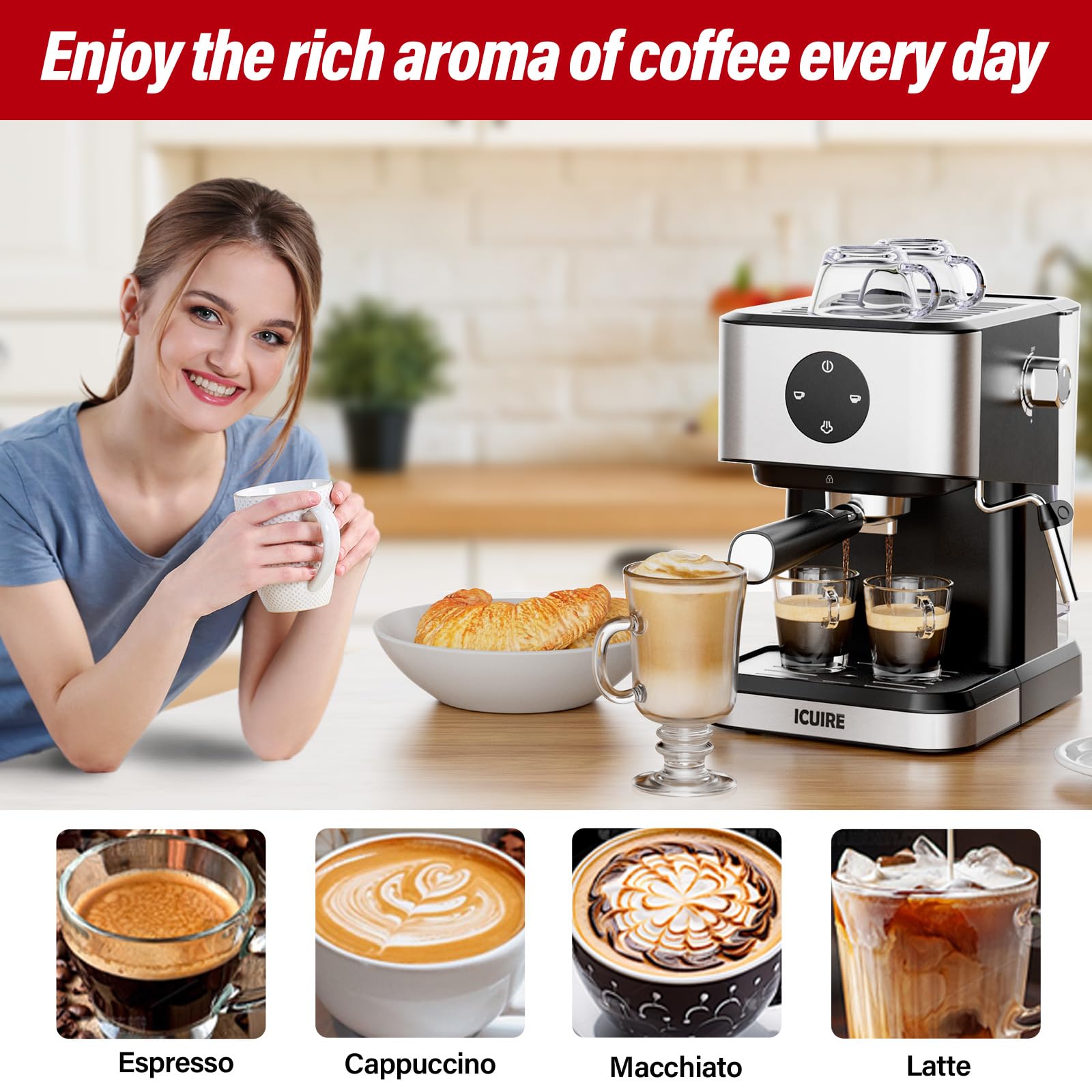ICUIRE 20 Bar Espresso Machine with Milk Frother - Compact Coffee Maker for Latte, Mocha, Americano & Cappuccino - 50oz Water Tank - Perfect for Home Baristas & Espresso Martinis (Silver) - Ideal for Small Kitchens, Office Use & Gift Giving