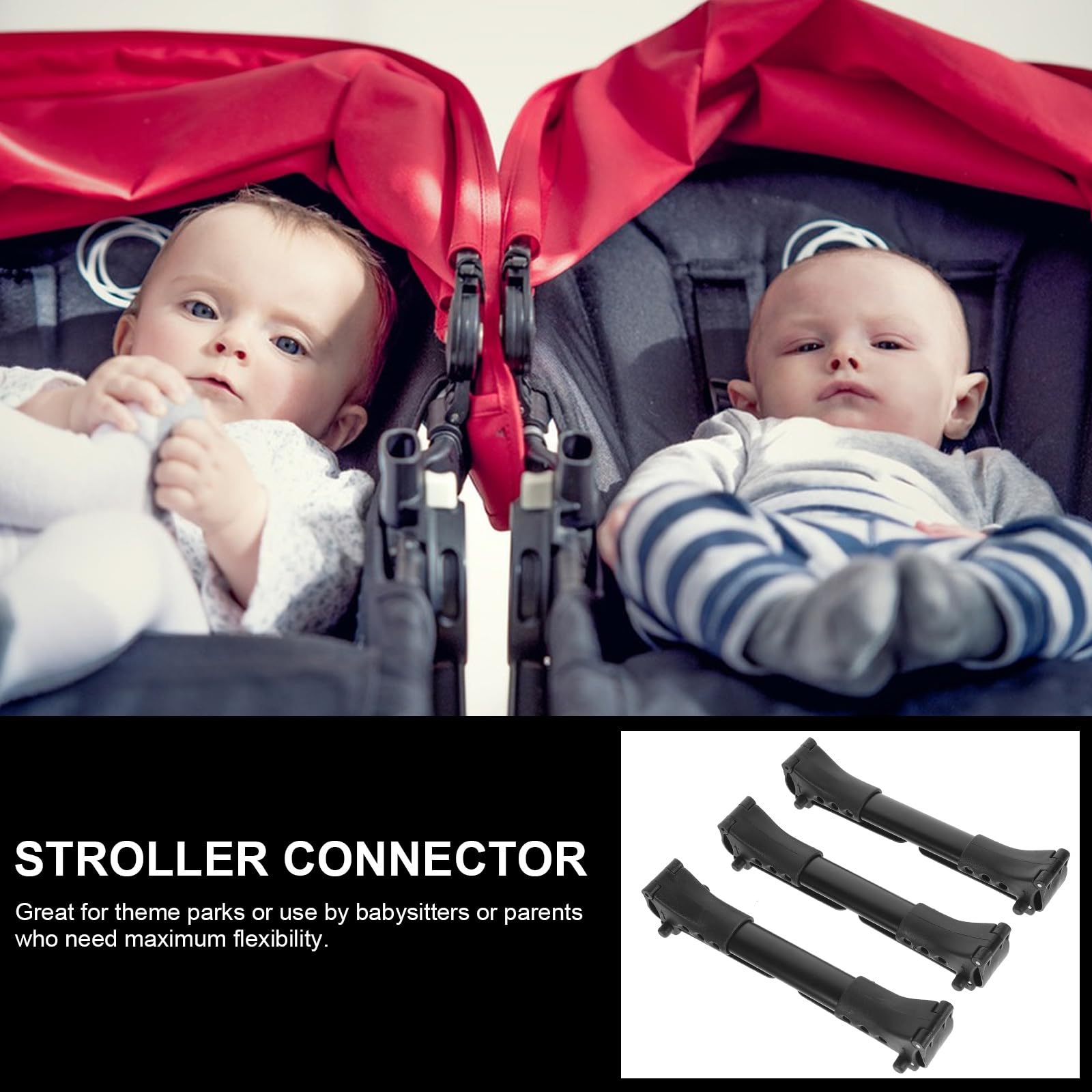 3-Pack Universal Stroller Connector for Twins - Black Stroller Accessories for Double Pushchairs, Carriages & Prams - Perfect for Shopping, Travel & Outdoor Adventures with Twins