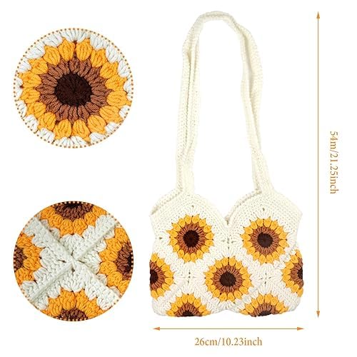 Sunflower Crochet Crossbody Bag for Women - Handmade Woven Tote Beach Purse, Large Knit Shoulder Bag for Vacation, Travel, Shopping & Summer Outfits (White-2)