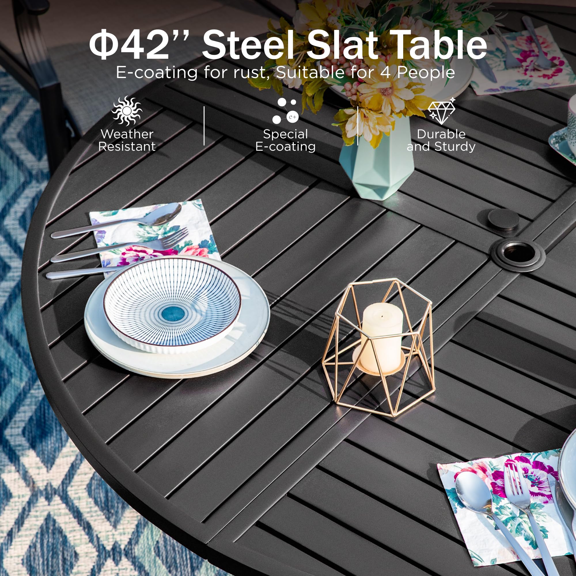 PHI VILLA 42 Inch Round Outdoor Dining Table for 4 People - Weatherproof Wrought Iron Metal Patio Table with Umbrella Hole - Perfect for Backyard, Garden, Deck, Porch & Poolside Dining - Black