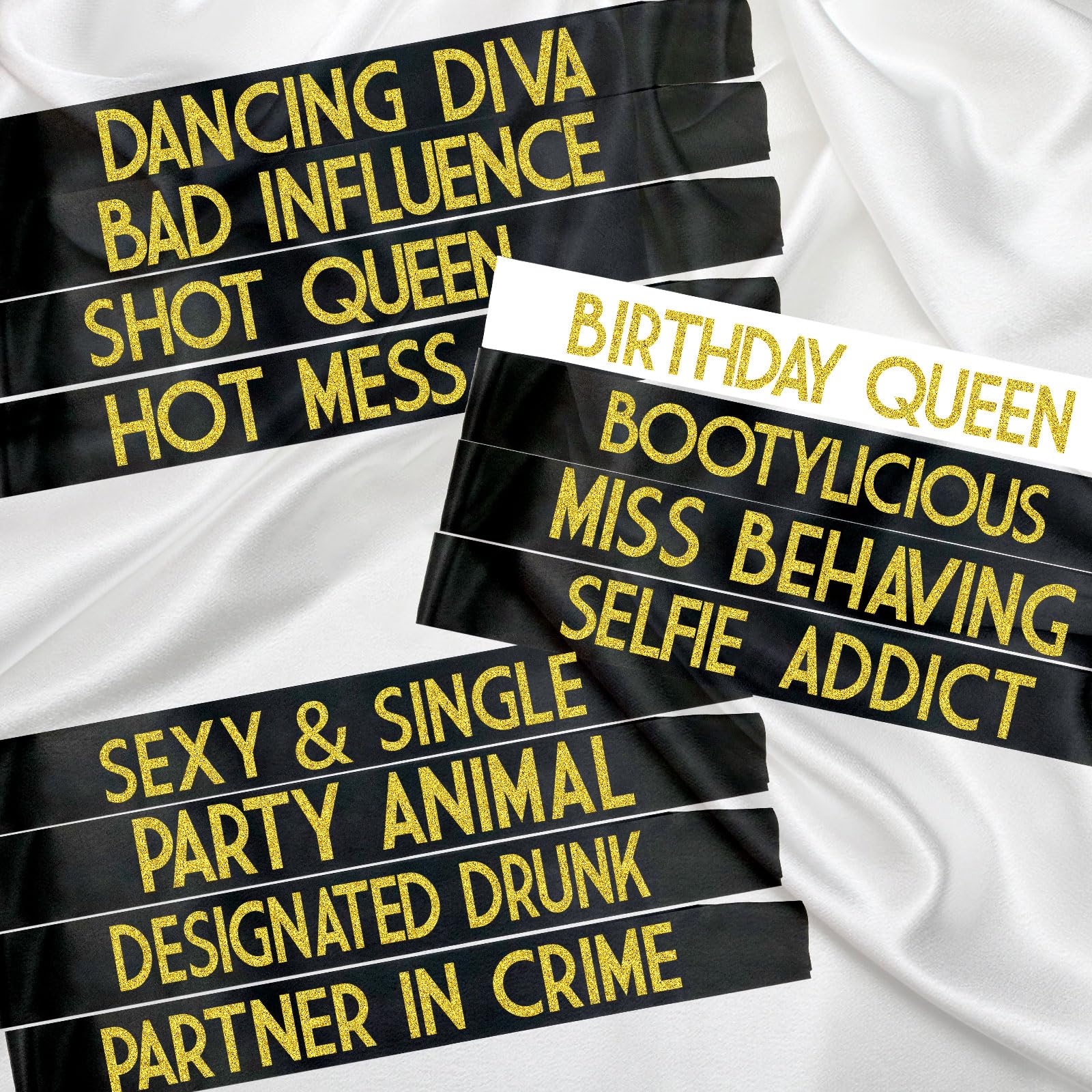 12 Pack Queen Sashes for Women - Birthday Party Squad Sash Set with Black, White & Gold Glitter Letters | Funny Bachelorette Party Gifts, Girls Night Out Accessories, Birthday Celebration Decorations