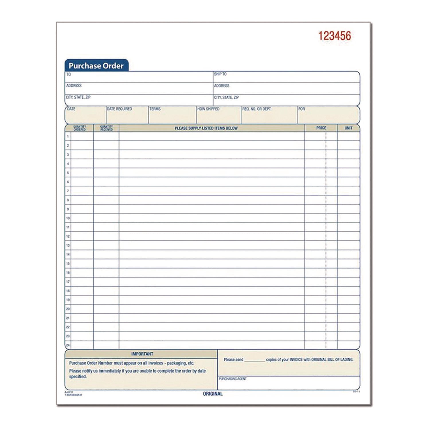 Adams® Multipart Carbonless Purchase Order Pad - 3-Part NCR Forms, 8.38