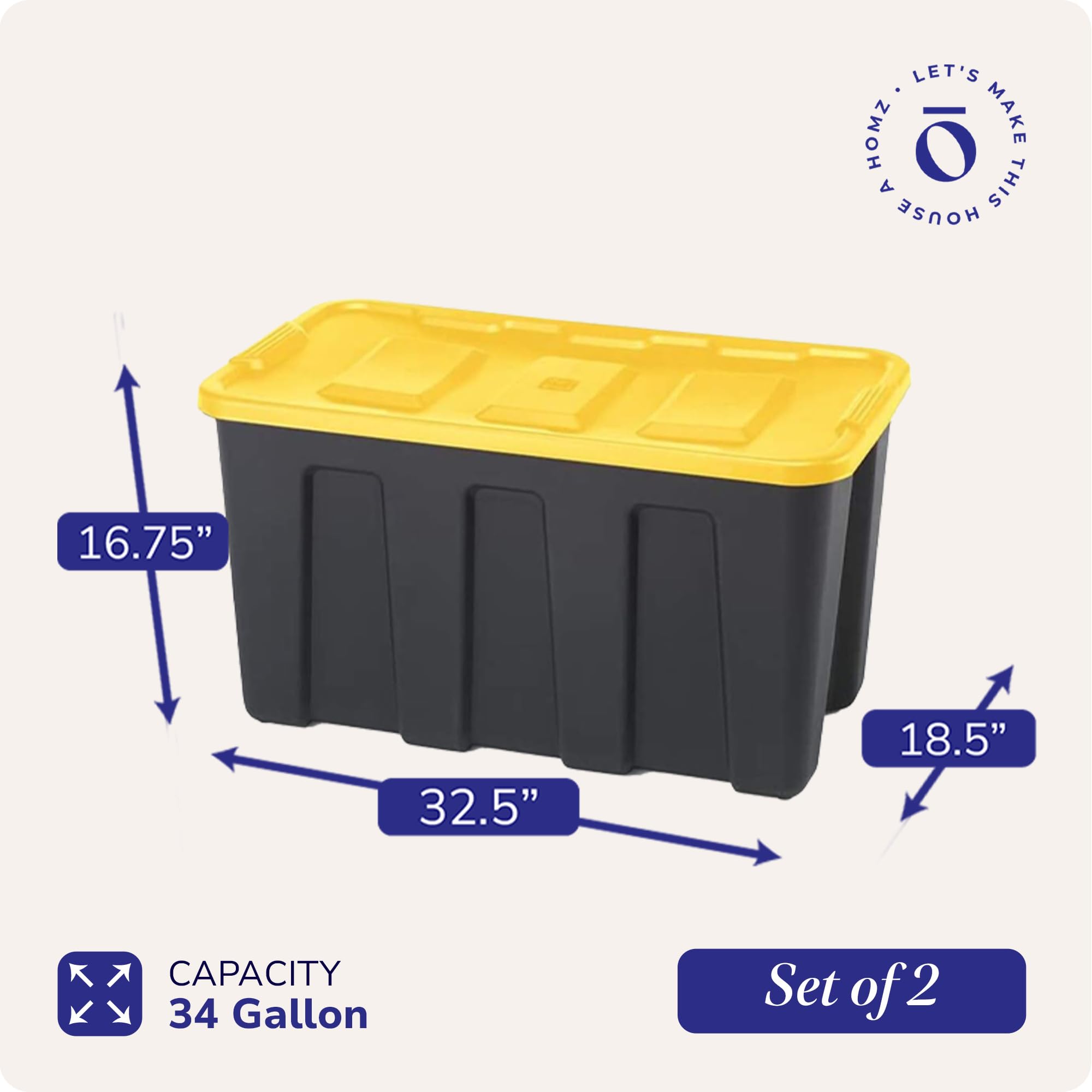 HOMZ 2-Pack 34 Gallon Heavy Duty Plastic Storage Bins with Secure Lids - Black/Yellow - Durable Stackable Containers for Garage Organization, Home Storage & Moving Supplies