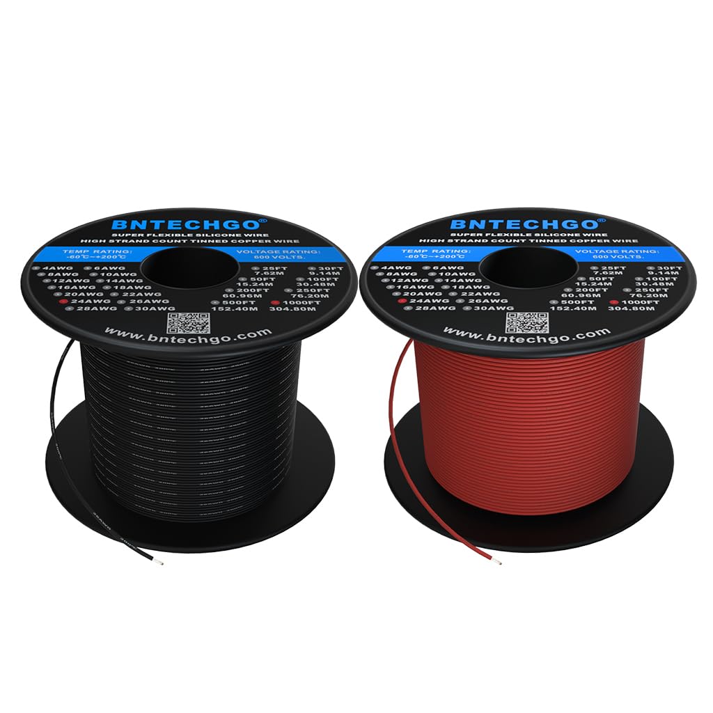 BNTECHGO 24 Gauge Silicone Wire Spool - 1000ft Red & Black Stranded Tinned Copper Wire (24 AWG) | Flexible Electrical Wiring for DIY Electronics, Automotive, and Home Appliances