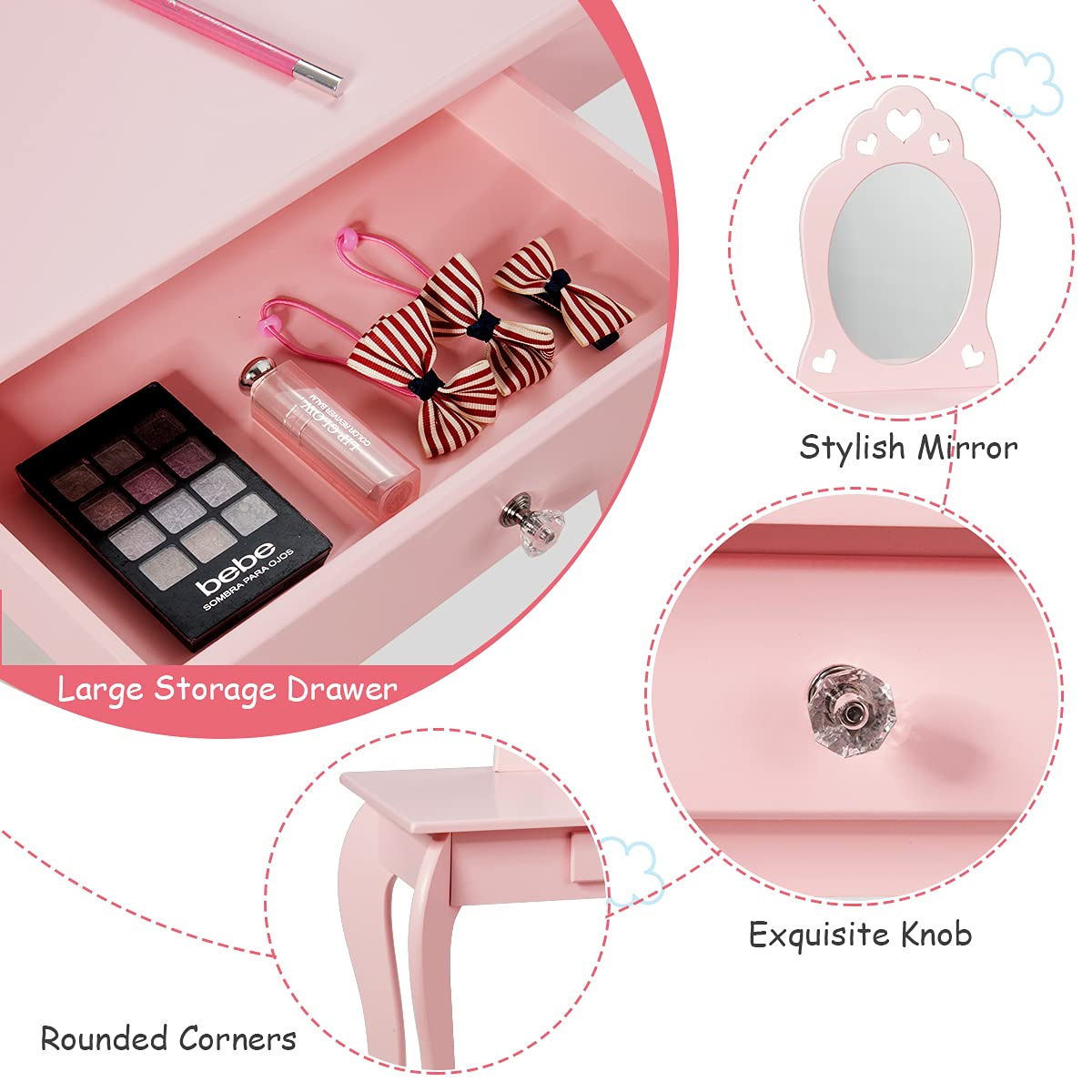 HONEY JOY Pink Kids Vanity Set with Mirror & Stool - Wooden Toddler Makeup Dressing Table with Removable Top & Drawer - Princess Pretend Play Beauty Set for Little Girls - Perfect for Birthday Gifts, Bedroom Decor & Role Play Activities