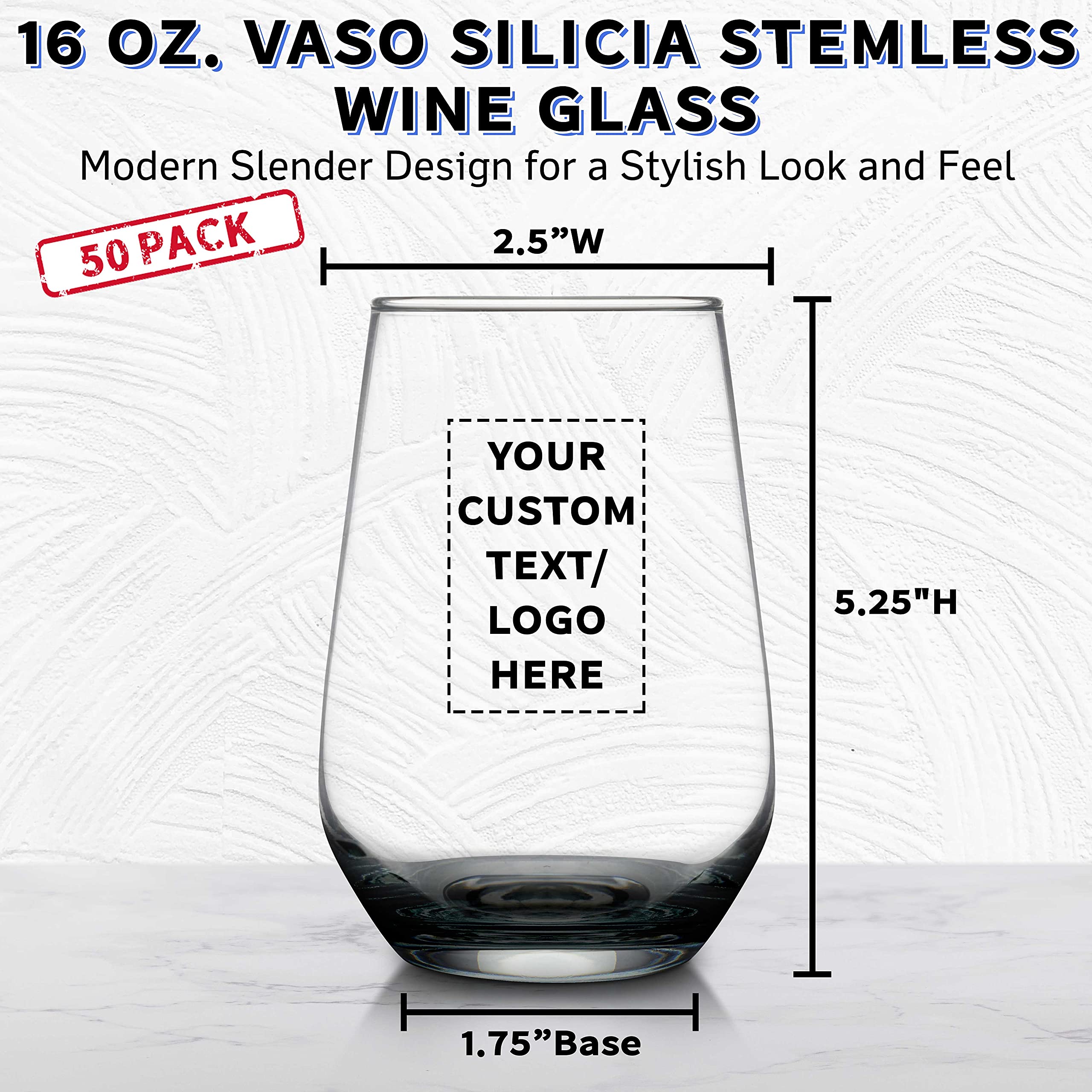 50-Pack 16 oz Stemless Wine Glasses with Thick Base - Clear Orb-Like Silica Glass - Custom Text & Logo Engraving - Perfect for Weddings, Parties & Corporate Events - Bulk Barware Set
