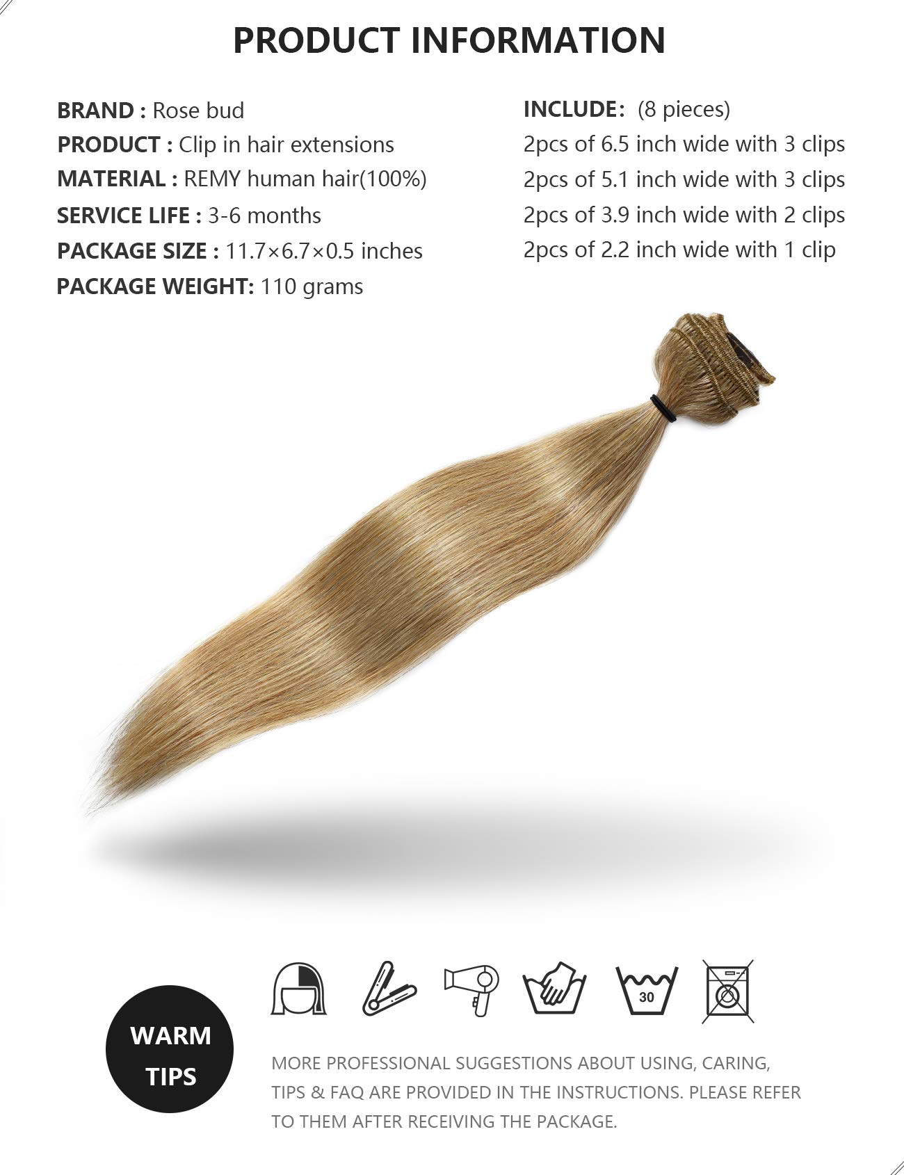 Rose Bud Clip-in Hair Extensions 8Pcs - 100% Remy Human Hair, 18 Clips, 60g/Set, 12 Inch Dark Blonde for Volume & Length - Perfect for Parties, Weddings & Daily Styling