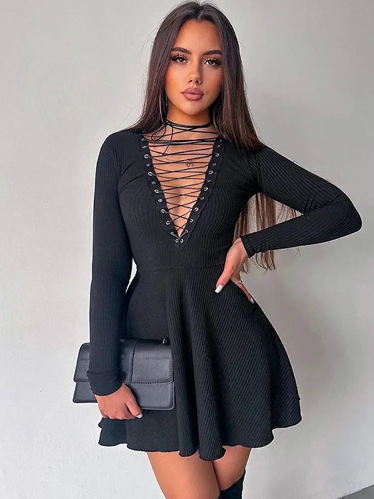 Sexy Deep V Neck Long Sleeve Lace Up Waist Wrap Dress for Women - Elegant Hollow Out Evening Party Dress for Fall Winter - Perfect for Cocktail Parties, Date Nights & Formal Occasions