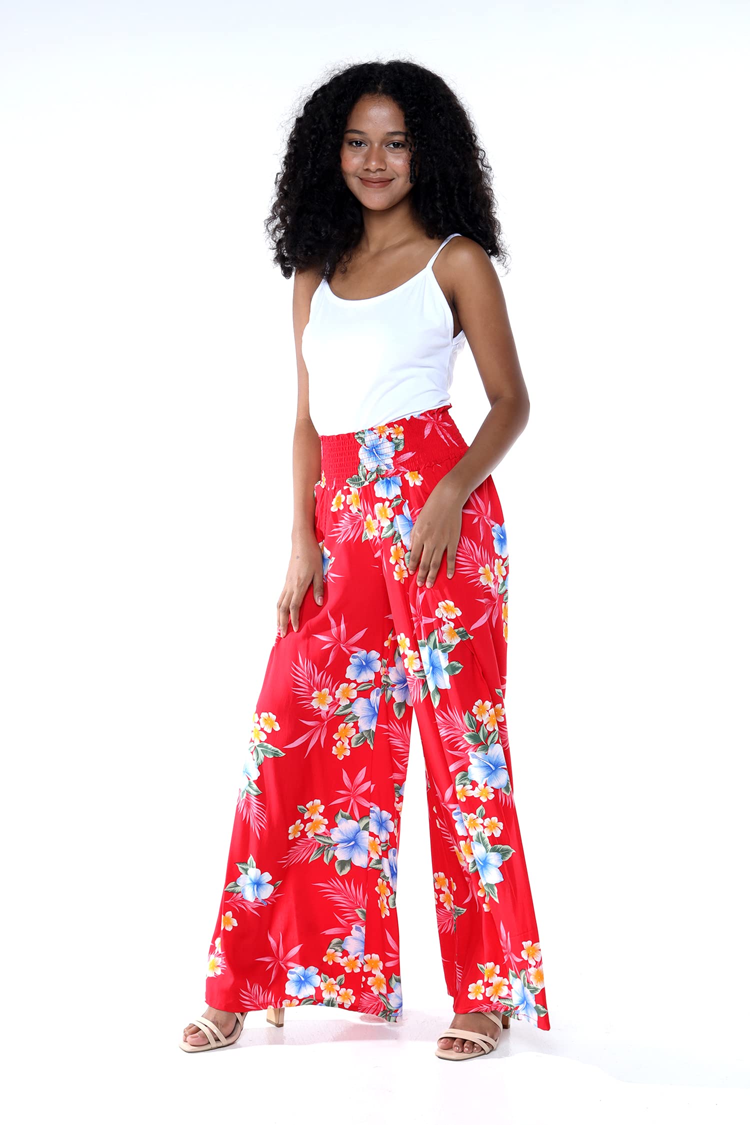 Floral Print High Slit Wide Leg Pants for Women - Boho Chic Palazzo Trousers with Side Slits - Perfect for Summer Vacations, Beach Outfits & Casual Wear