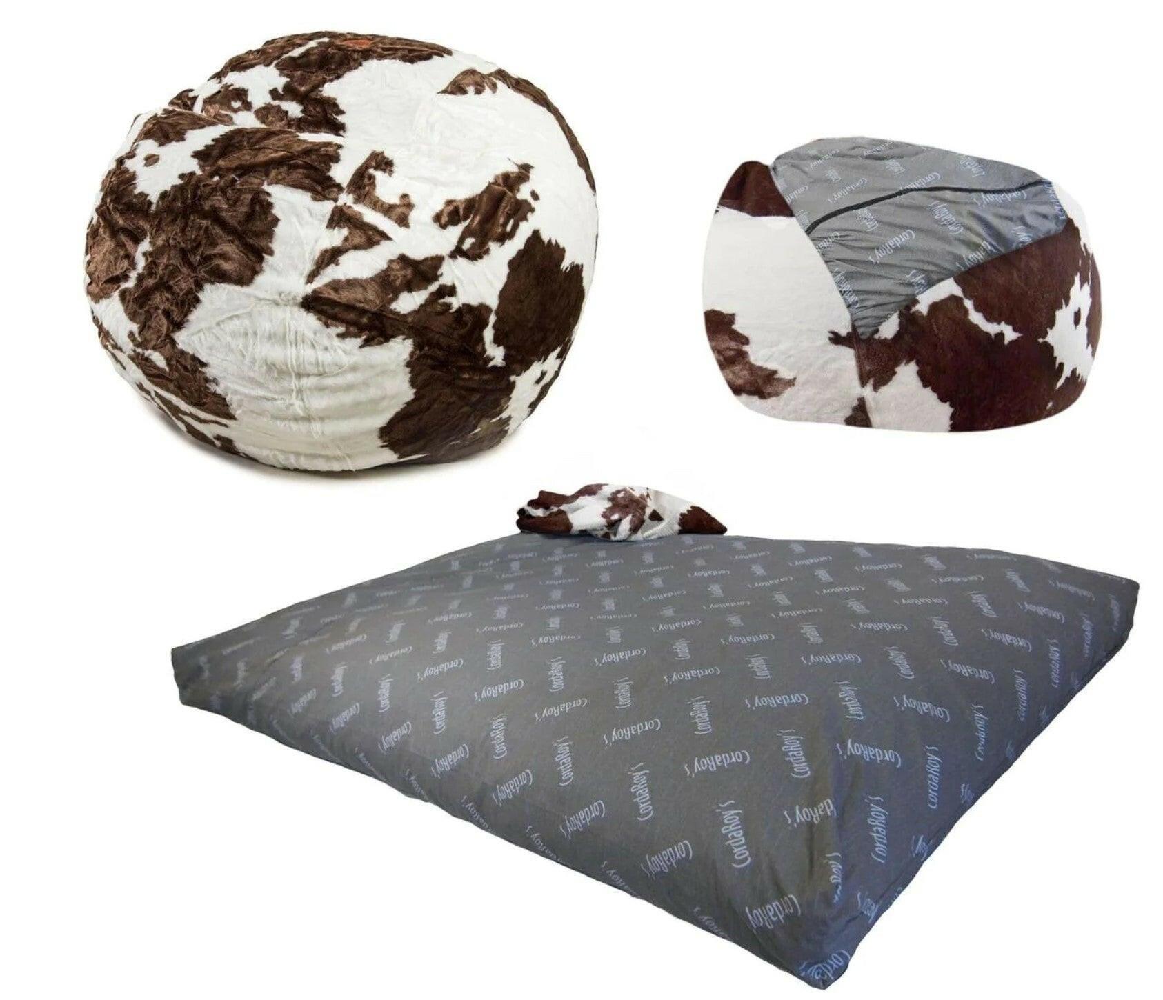 King Cowhide Convertible Beanbag Chair - KC FUR COW - Luxurious Faux Leather Convertible Sofa Bed for Living Room, Bedroom & Game Room - Perfect for Relaxing, Lounging and Sleepovers