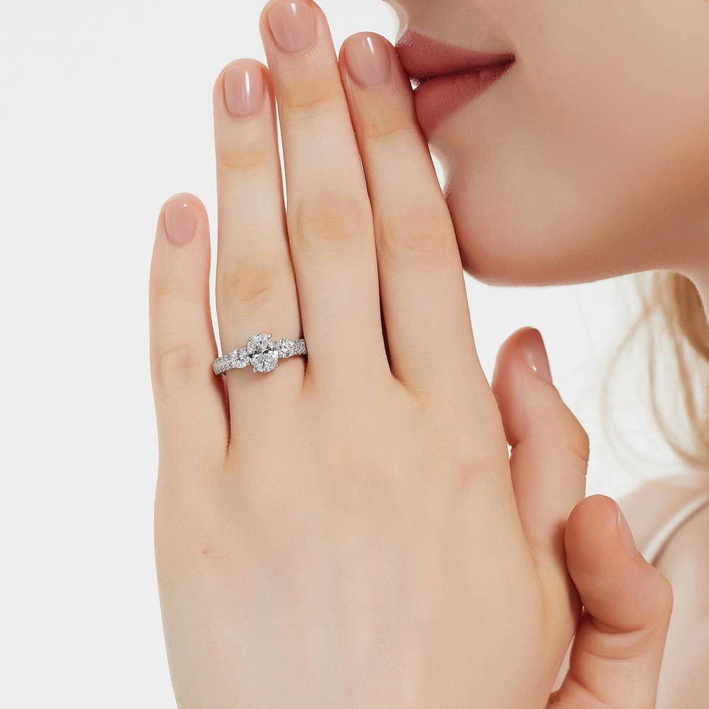 BERRICLE Sterling Silver 3-Stone Oval Cut Cubic Zirconia Engagement Ring for Women - 1.2 Carat CZ Promise Wedding Band, Rhodium Plated Size 4-10 - Perfect for Proposals, Anniversaries & Special Occasions
