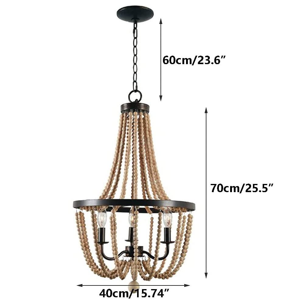 Rustic Wood Bead Chandelier - Farmhouse 3-Light Wooden Beaded Ceiling Fixture for Kitchen Island, Bedroom, Dining & Living Room | Perfect for Cozy Home Decor and Country Style Interior Lighting