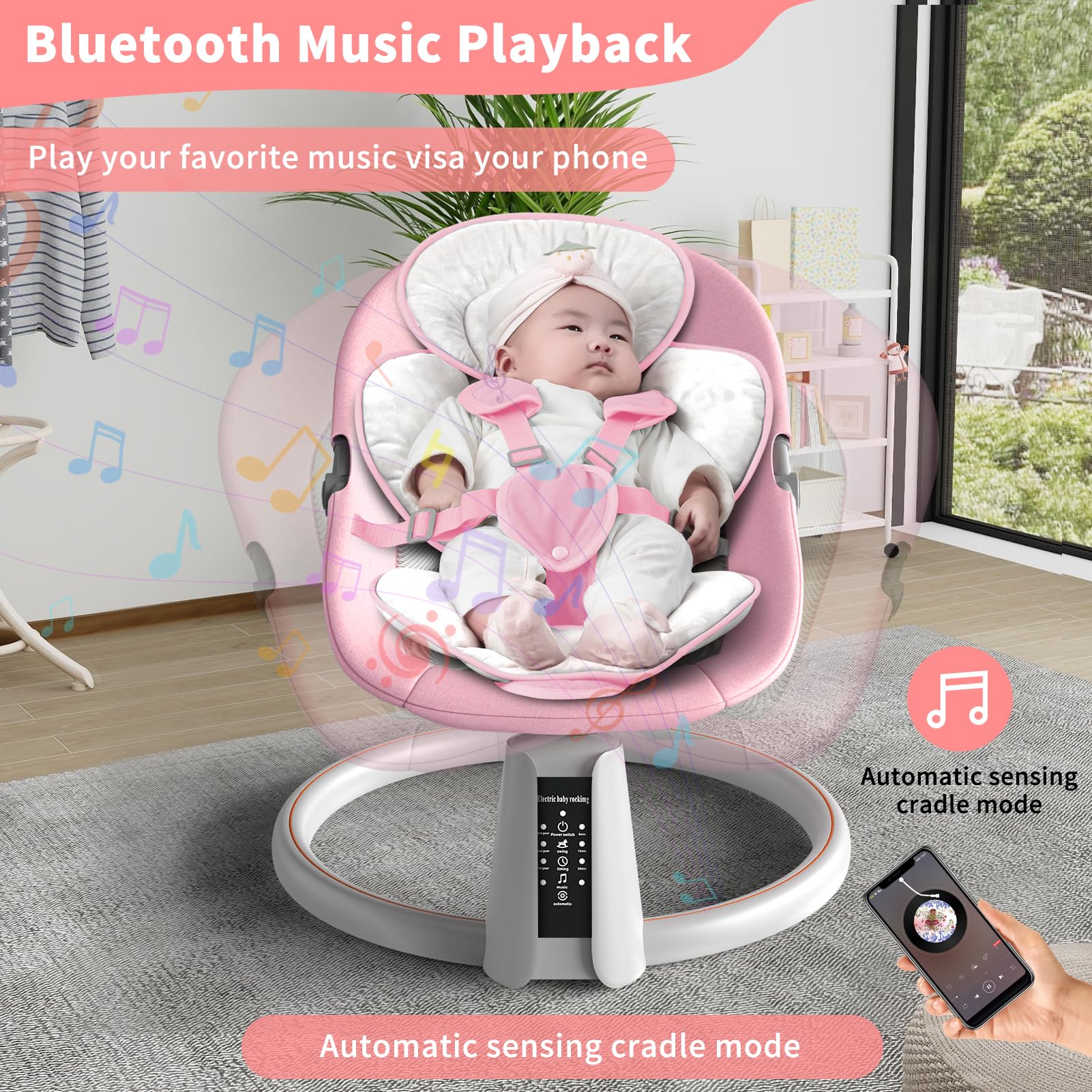 **Baby Swing with Bluetooth & Music Speaker - 5 Speed Adjustable, Remote Control, 12 Lullabies - Portable Electric Infant Swing for Indoor & Outdoor Use (Pink) - Perfect for Nursery, Travel & Soothing Fussy Babies**
